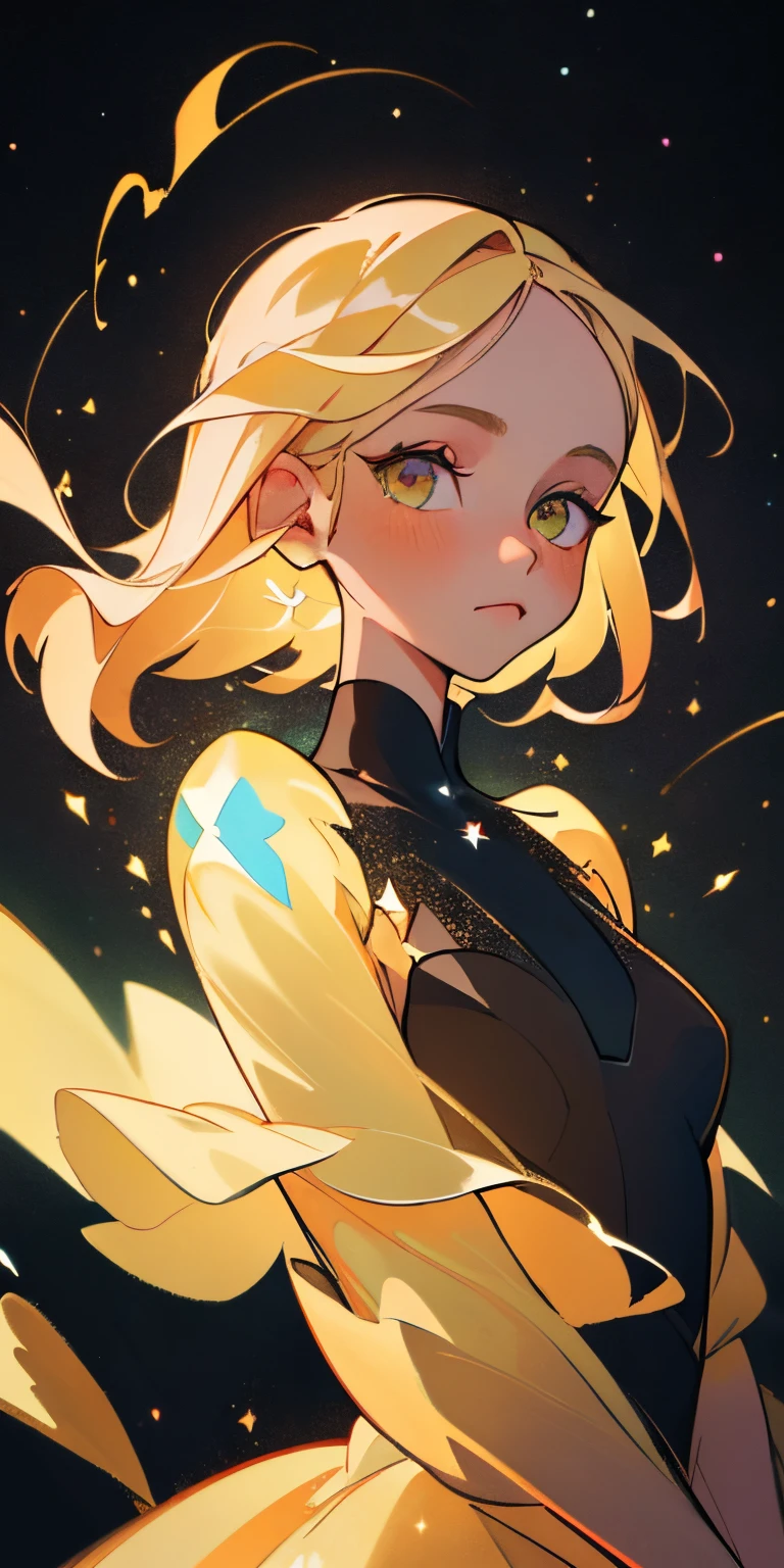 (best quality, masterpiece), 1girl, galaxy, glitter, dress, particle, wind, flower, upper body, dark simple background, looking at viewer, blonde,