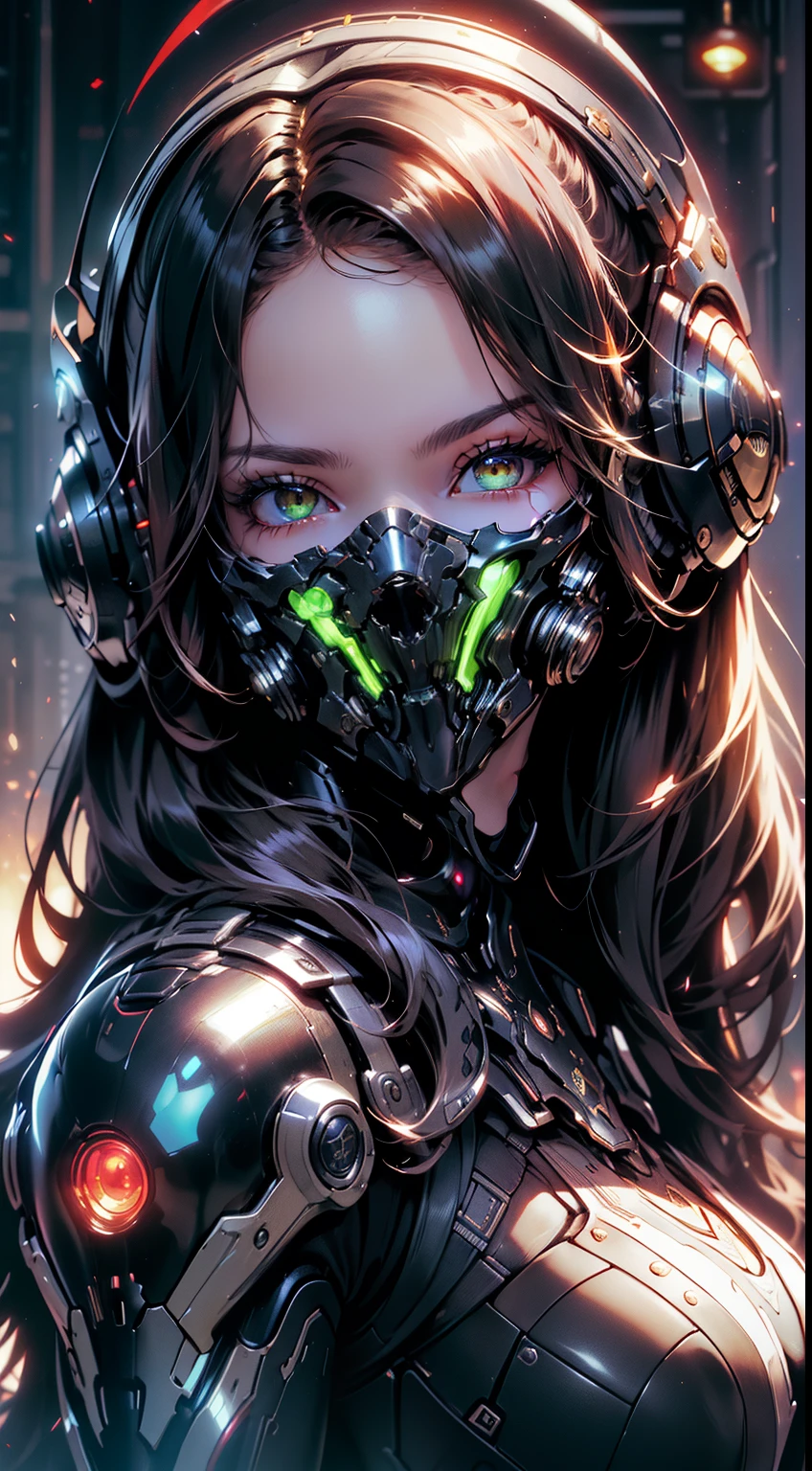 masterpiece, best quality, beautiful detailed hair detailed face, perfect feminine face, (happy:1.2), cyberskull mask, (close-up potrait:1.2), face focus, a beautiful and cute warframe woman and glowing black hair, red neon lighting, (sci-fi cyberpunk bodysuit), (heavy armor), solo, 1girl, ahoge, side hair, very long hair, shiny skin, shiny foreheads, lens flare, sharp focus, volumetric lighting, trending on artstation, pixiv, by sakimichan, george kamitani, akira yasuda, alphonse mucha, greg rutkowski, gil elvgren, william-adolphe bouguereau