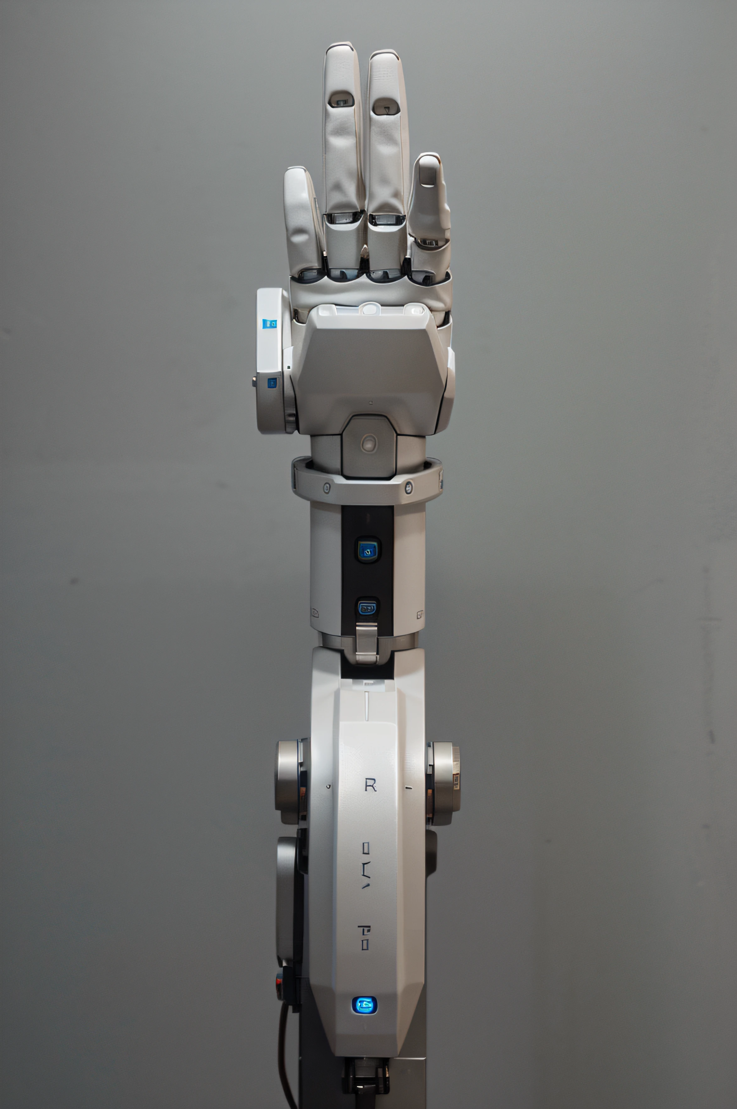 white robotic arm with open hand seen from about 2 meters away in perspective with gray background.