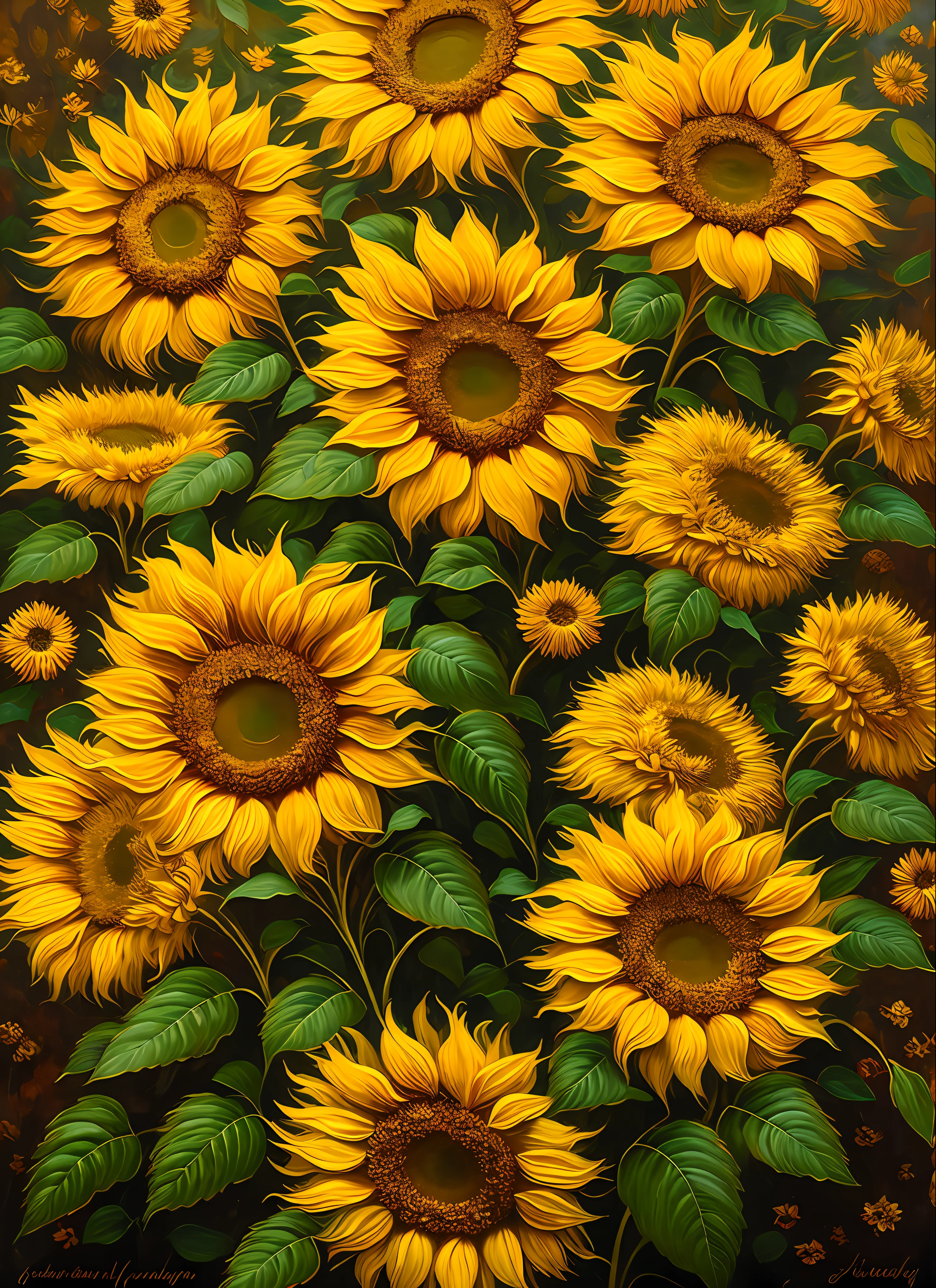 There is a painting of sunflowers with silver leaves, gold sunflowers, hydrangeas and morning glory, sunflowers and gold, gilded reliefs, detailed flowers, gorgeous sunflowers , golden flaky sunflowers , intricate sunflowers , chaotic gold leaf sunflowers , detailed 4K oil painting, stunning and rich details, gilded. Floral, floral. Baroque elements, intricate oil paintings