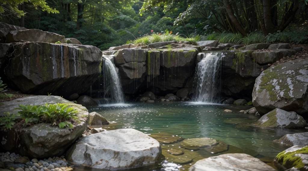 Create an image of a serene waterfall. Imagine a waterfall cascading gently down a series of rocks, creating a tranquil pool at the base. The water is crystal clear, and you can see the rocks and pebbles on the bottom of the pool. The sound of falling water is soothing, and the surrounding vegetation is lush and green. Perhaps there are birds chirping in the trees or the sound of rustling leaves in the breeze. Describe the details of the scene, including the texture and shape of the rocks, the movement of the water, and the overall sense of peace and tranquility, 4k, high definition, cinematic, HDR