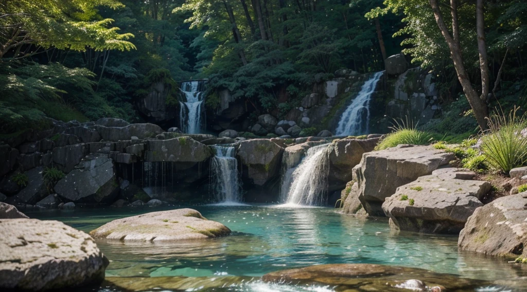 Create an image of a serene waterfall. Imagine a waterfall cascading gently down a series of rocks, creating a tranquil pool at the base. The water is crystal clear, and you can see the rocks and pebbles on the bottom of the pool. The sound of falling water is soothing, and the surrounding vegetation is lush and green. Perhaps there are birds chirping in the trees or the sound of rustling leaves in the breeze. Describe the details of the scene, including the texture and shape of the rocks, the movement of the water, and the overall sense of peace and tranquility, 4k, high definition, cinematic, HDR