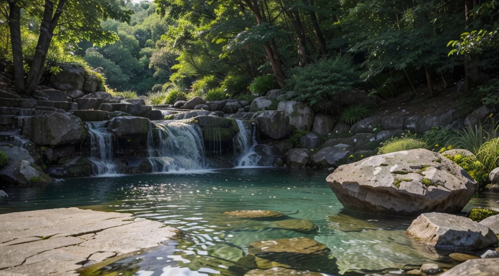 Create an image of a serene waterfall. Imagine a waterfall cascading gently down a series of rocks, creating a tranquil pool at the base. The water is crystal clear, and you can see the rocks and pebbles on the bottom of the pool. The sound of falling water is soothing, and the surrounding vegetation is lush and green. Perhaps there are birds chirping in the trees or the sound of rustling leaves in the breeze. Describe the details of the scene, including the texture and shape of the rocks, the movement of the water, and the overall sense of peace and tranquility, 4k, high definition, cinematic, HDR