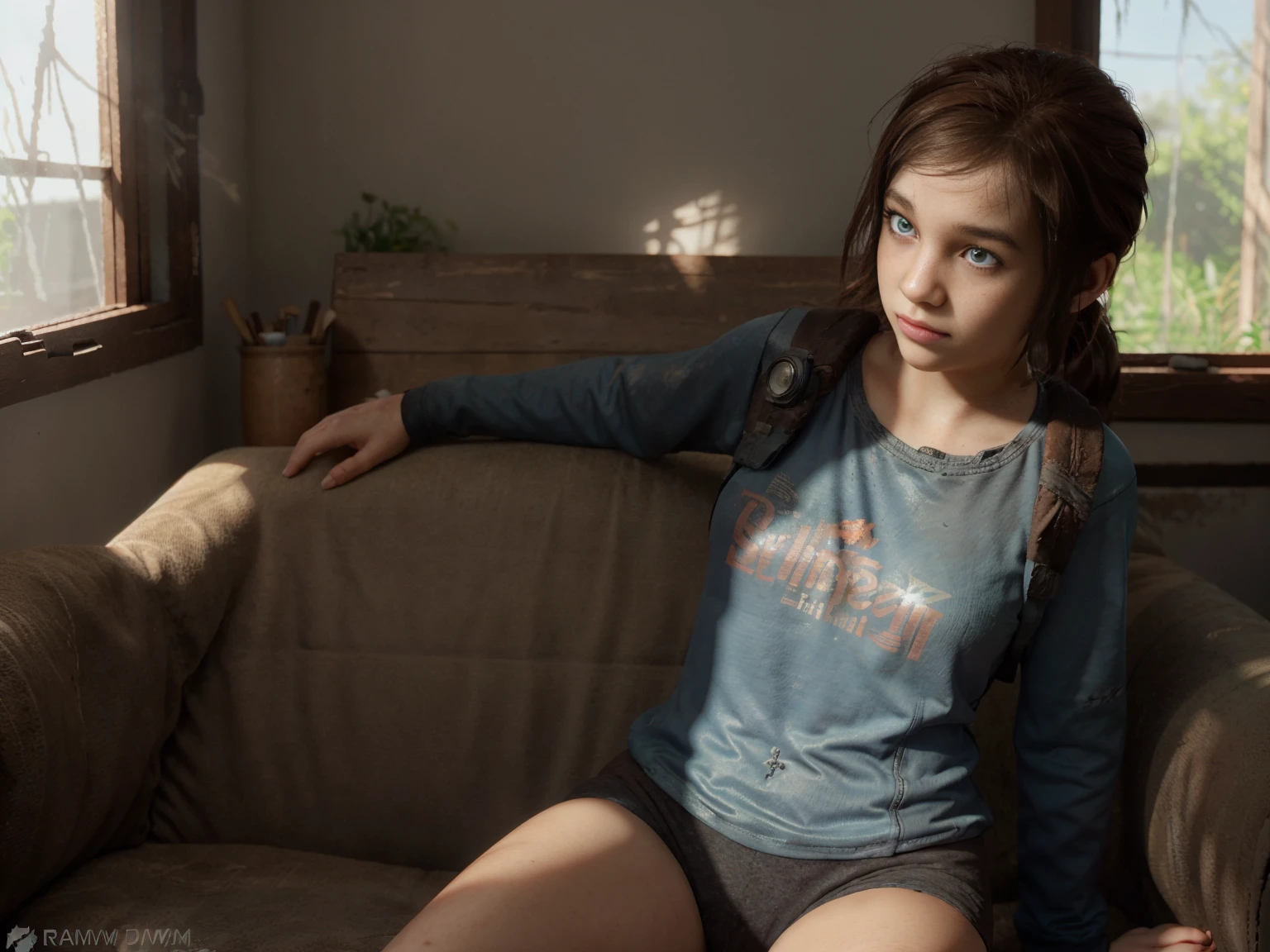 child girl, black sweatshirt, tight yoga shorts, brown hair, light blue eyes, cute expression, game (the last of us), full body, high quality, sun lights, photorealistic, best shadows, raw hdr