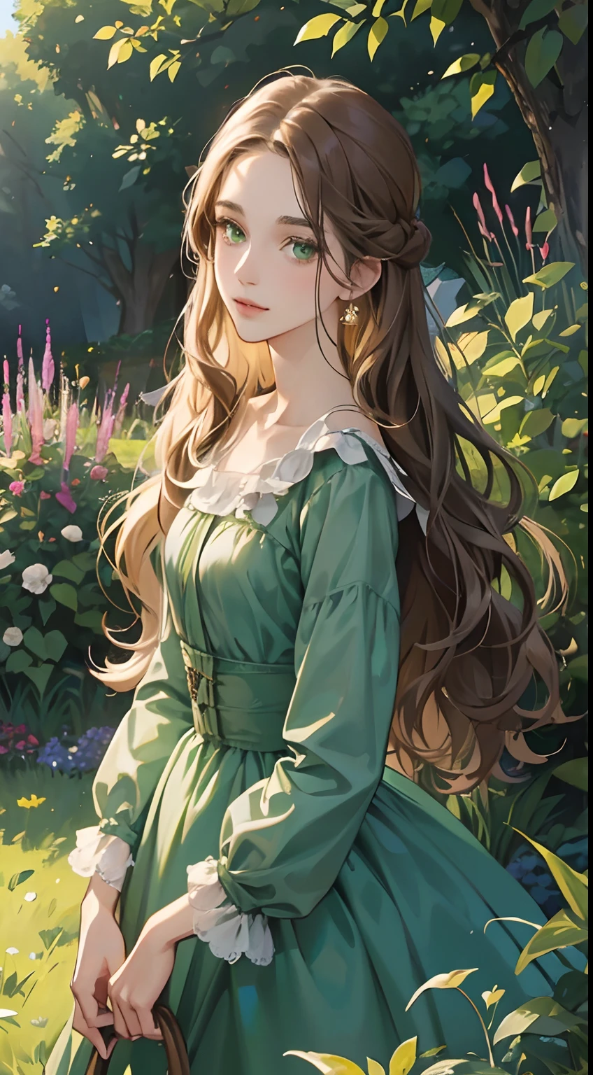 a digital painting of a woman with long brown wavy hair, green eyes, a young noble woman from the 1800's , soft features, navy blue dress, in a garden, portrait style