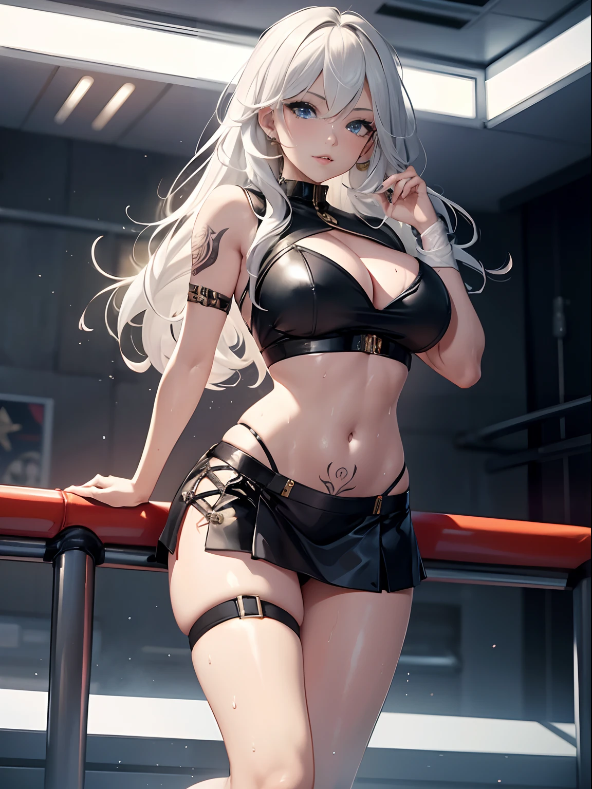 age girl,One color,Long gradient hair,Heteropupil(Random),take off your top,Strip your upper body(influencer),revealing her belly,Tattoos are,Best quality,tmasterpiece,Extremely Delicately Beautiful,The is very detailed,8K,Detailed pubic hair,take off your skirt,Strip your lower body(influencer),Show off long legs,Super camel toe,Hand optimization,The attention to detail,white substance of skin,Shiny,Full Body Sweat,Lots of sweat,Sex huge breasts cleavage,latex