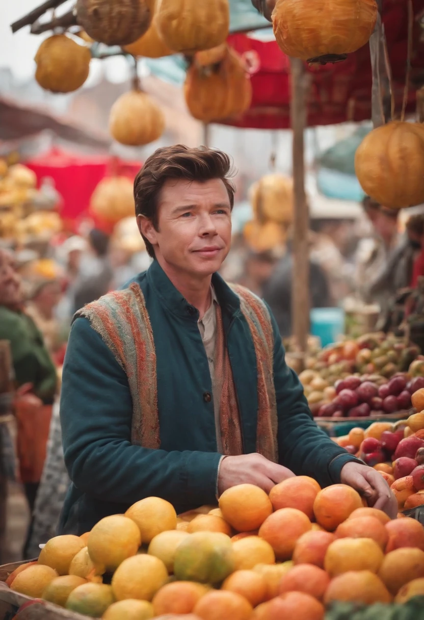 A photo of the character exploring a vibrant street market filled with colorful stalls,original,he is rick astley