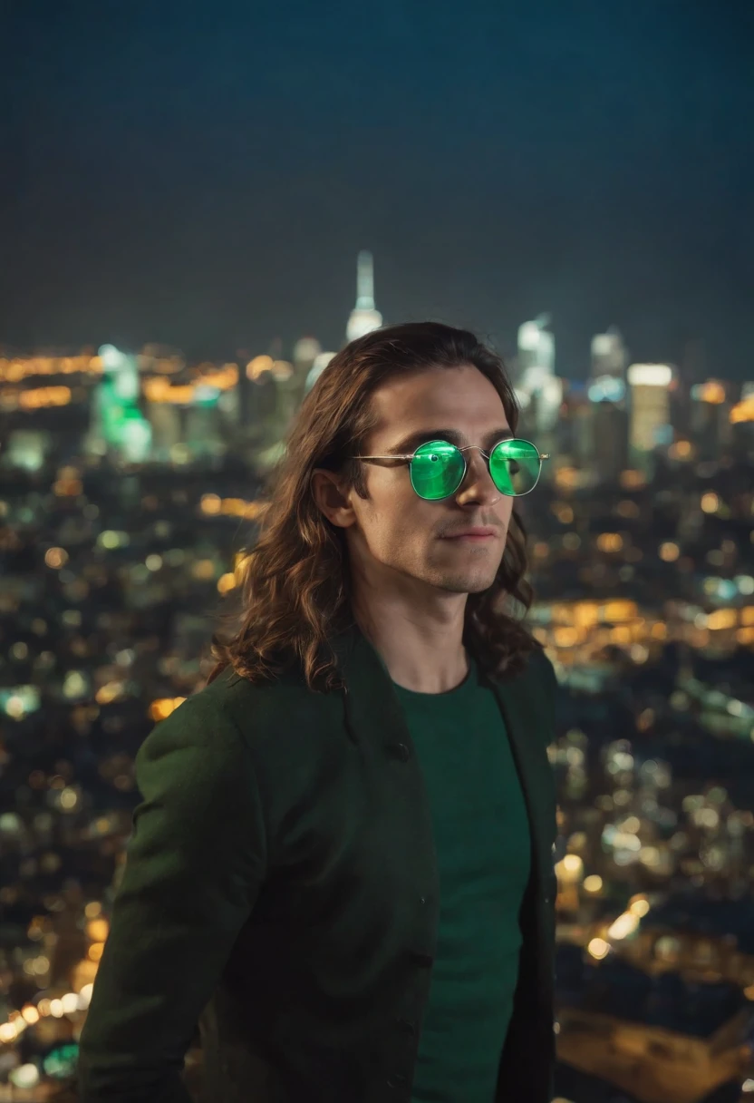 ButterflyEffect capturing a stunning aerial view of a city skyline.,original,ButterflyEffect has long hair and wire rim glasses. He has a hook nose and bright green eyes.