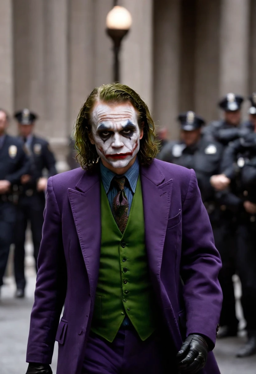 A photo of the Joker walking through the Gotham City Police Department, leaving chaos and destruction in his wake,The Dark Knight,Heath Ledger’s portrayal of the Joker in “The Dark Knight” is marked by his disheveled, greasy hair, smudged clown makeup, and a chilling, scarred smile that gives him a menacing and unpredictable appearance. His attire, a mismatched suit with a ragged purple coat, adds to his chaotic and anarchistic persona.