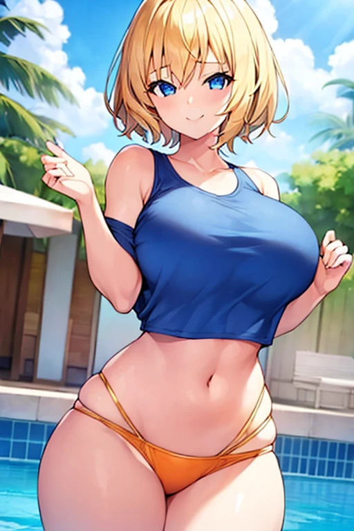1girl, very short hair, blonde hair, blue eyes, orange bikini, huge breasts, thick thighs, wide hips, pool, smile, light smile, 2d, anime style, anime screencap, shirt lift, clothes lift, showing breasts,, white shirt