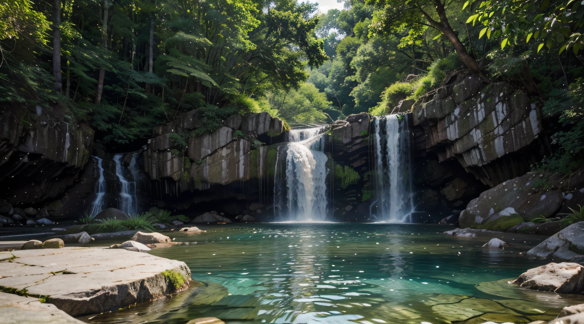 Create an image of a serene waterfall. Imagine a waterfall cascading gently down a series of rocks, creating a tranquil pool at the base. The water is crystal clear, and you can see the rocks and pebbles on the bottom of the pool. The sound of falling water is soothing, and the surrounding vegetation is lush and green. Perhaps there are birds chirping in the trees or the sound of rustling leaves in the breeze. Describe the details of the scene, including the texture and shape of the rocks, the movement of the water, and the overall sense of peace and tranquility, 4k, high definition, cinematic, HDR