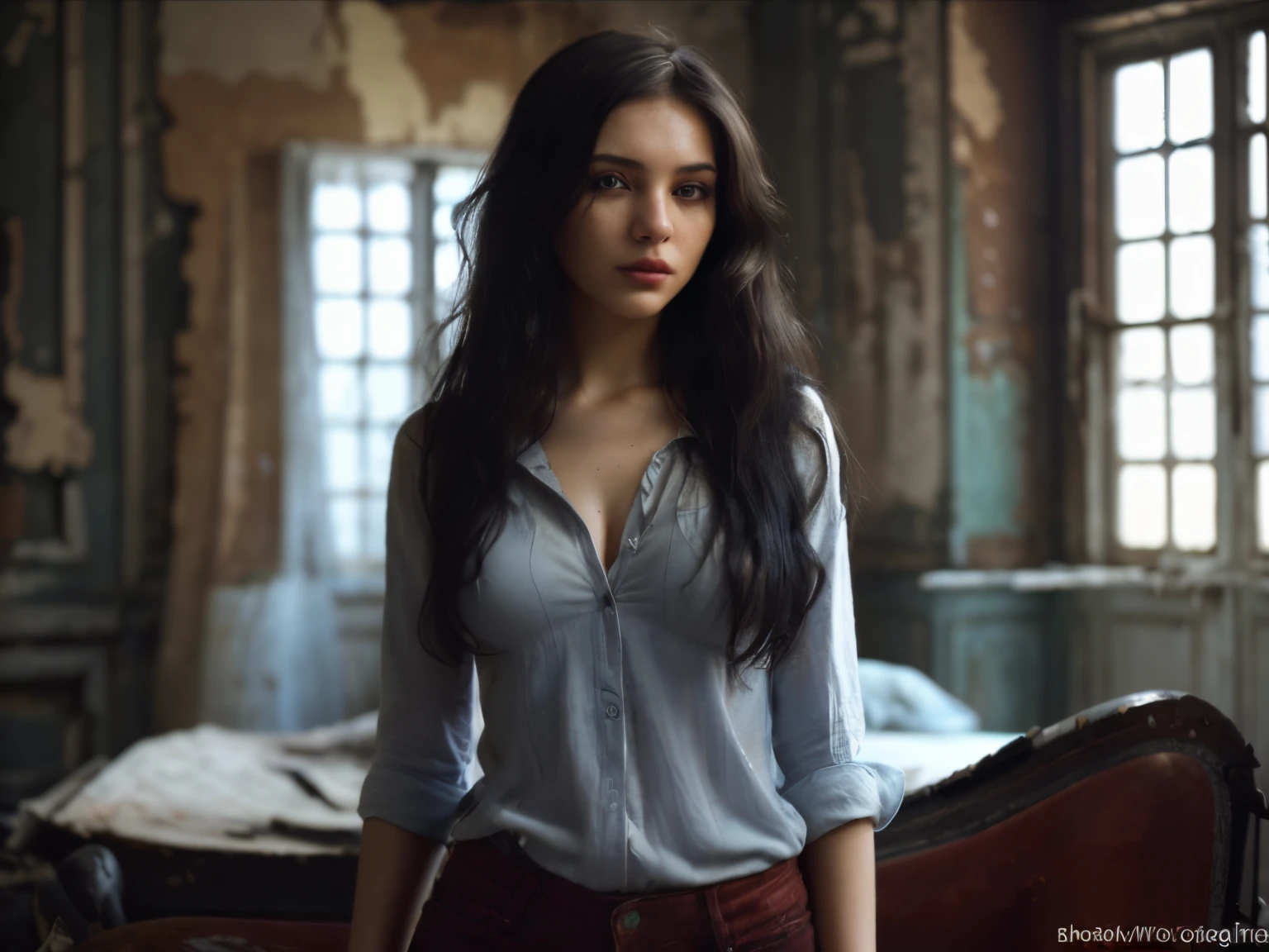 An attractive woman posing for a photo shoot in a ruined house. Long, black, straight hair. Wearing jeans and a light shirt. She has a discreet and small stature. The photo shoot captures her beauty amidst the decay, highlighting the contrast between elegance and desolation. The artwork will be created using a mix of mediums, such as photography and digital painting. The image will have the best quality, with a high resolution of 4K or 8K. The details will be ultra-detailed and realistic, with a focus on the woman's eyes, lips, and facial features. The lighting will be carefully designed to create a moody and atmospheric ambiance. The overall color palette will be subdued and slightly desaturated, with hints of warmth to convey a sense of nostalgia. This prompt will result in a masterpiece that combines the delicate beauty of the woman with the unique aesthetics of the ruined surroundings.