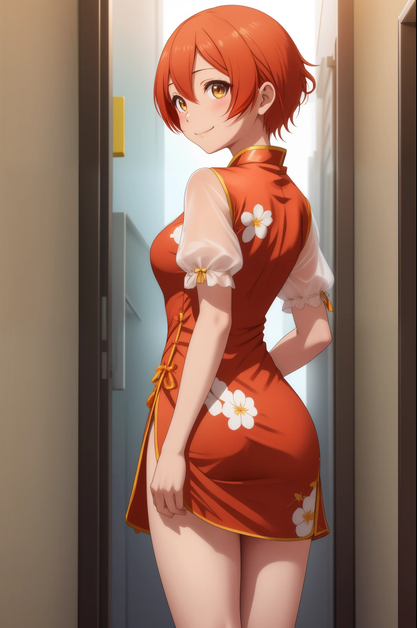 Hoshizora rin,(from behind), (short Chinese dress), looking back, big ass, cowboys shot, slightly smile