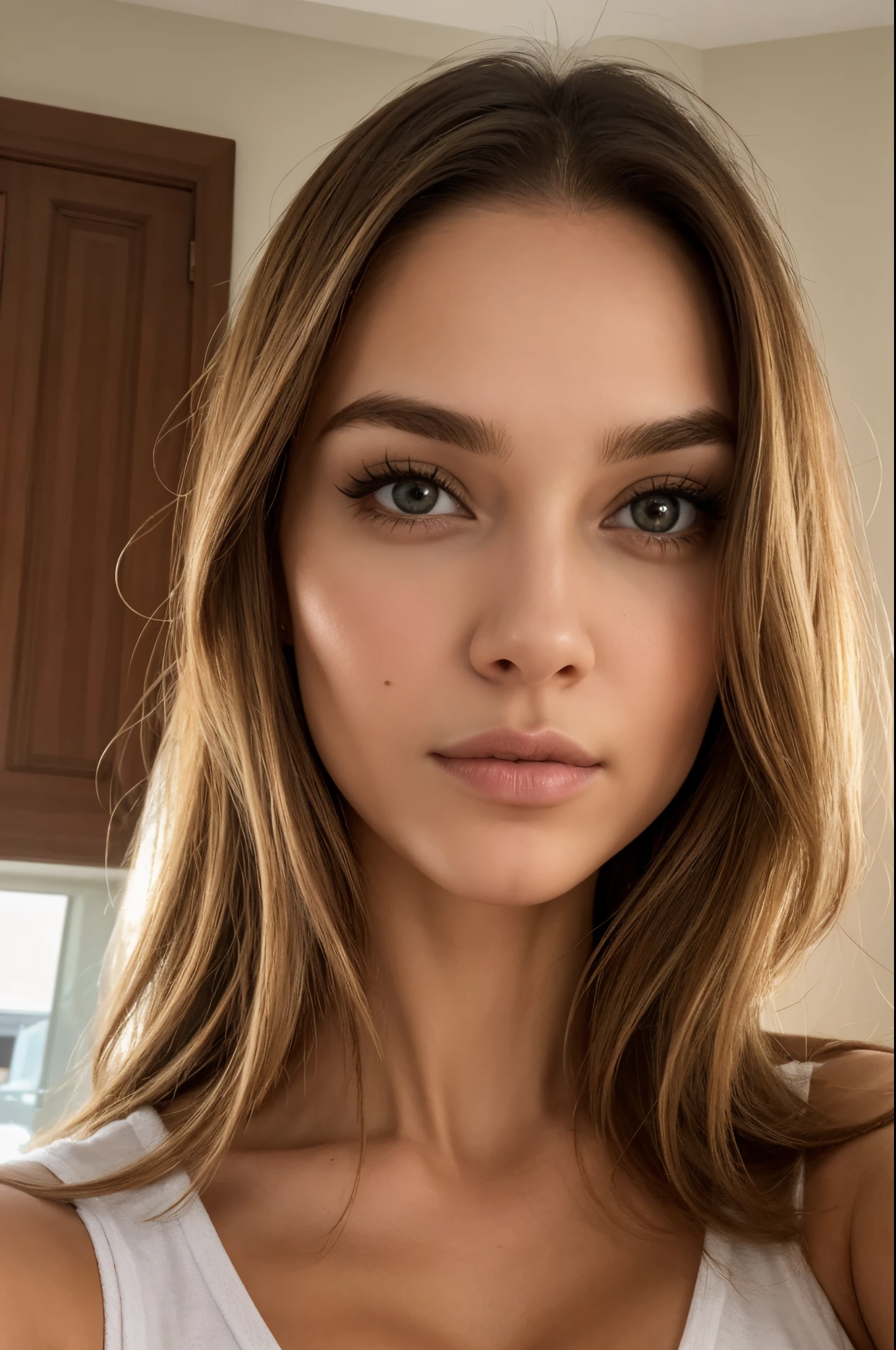 mulher arafed totalmente , Menina sexy com olhos castanhos, ultra realistic, meticulosamente detalhado, Retrato Sophie Mudd, cabelos castanhos e olhos grandes, selfie de uma jovem mulher, Olhos do quarto, Violeta Myers, sem maquiagem, maquiagem natural, Looking directly at the camera, Rosto com ArtGram, maquiagem sutil, impressionante tiro de corpo inteiro ajoelhado na cama, no quarto, medium to large bust