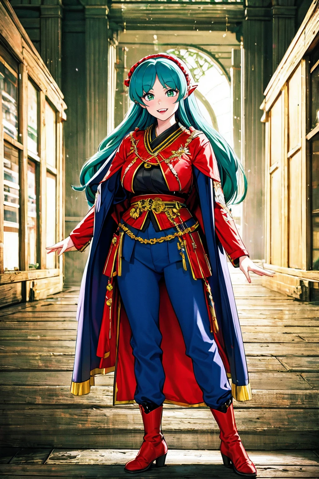 masterpiece, best quality,, corset, breastplate,lum, , urusei yatsura, cloak, pants, pullover kimono,martial pov,, pantyhose, sharpteeth, standing,smile, matial art,, full body, boots , pant, medium breast, pants, pullover,martial pov,god rays, ray tracing, sparkle, cinematic lighting, UHD, retina, masterpiece, ccurate, anatomically correct, textured skin, super detail, high details, high quality, award winning, best quality, highres, 1080P, HD, 4K, thunder aura, light aura, sharpteeth,, super powers, full body, standing, kimono,woman-medieval-clothes, fangs, smile, green hair,, teeth, big breast, long hair