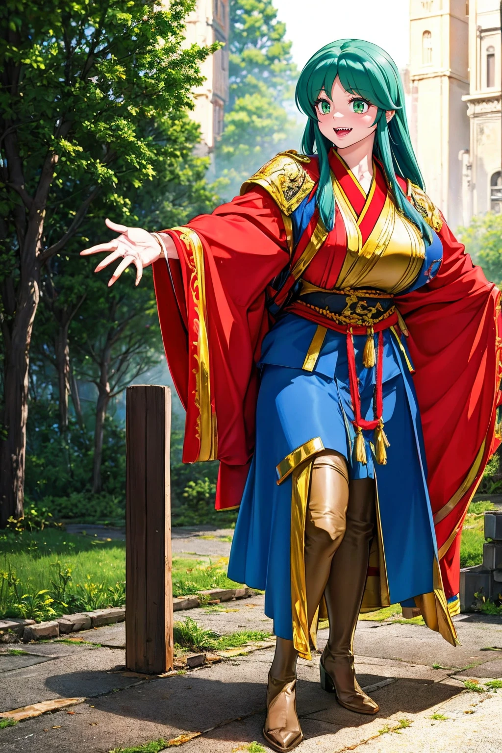 masterpiece, best quality,, corset, breastplate,lum, , urusei yatsura, cloak, pants, pullover kimono,martial pov,, pantyhose, sharpteeth, standing,smile, matial art,, full body, boots , pant, medium breast, pants, pullover,martial pov,god rays, ray tracing, sparkle, cinematic lighting, UHD, retina, masterpiece, ccurate, anatomically correct, textured skin, super detail, high details, high quality, award winning, best quality, highres, 1080P, HD, 4K, thunder aura, light aura, sharpteeth,, super powers, full body, standing, kimono,woman-medieval-clothes, fangs, smile, green hair,, teeth, big breast, long hair