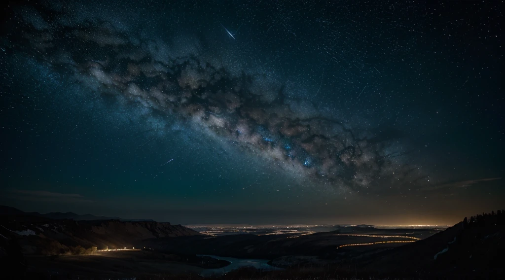 Create an image of a starry night sky. Imagine a clear night sky, with thousands of twinkling stars spread out like a blanket above you. The Milky Way stretches across the sky, creating a river of stars. The air is cool and crisp, and you can almost feel the vastness of space above you. Perhaps there's a crescent moon in the sky, casting a soft glow over the landscape. Describe the details of the scene, including the brightness and patterns of the stars, the color of the sky, and any other celestial objects that make this night sky truly breathtaking
