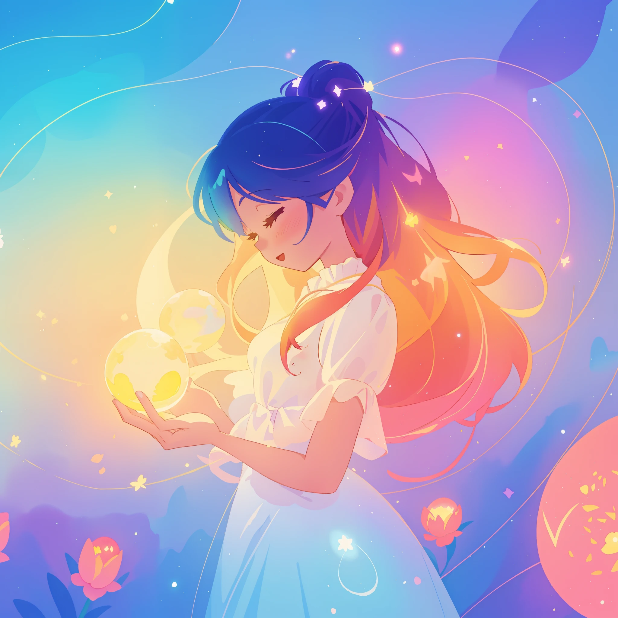 beautiful girl in sparkling white dress holding a glowing gold orb, glowing ballgown, long colorful hair, colorful fantasia background, watercolor illustration, disney art style, glowing aura around her, glowing lights, beautiful digital illustration, fantasia otherworldly landscape plants flowers, beautiful, masterpiece, best quality, anime disney style