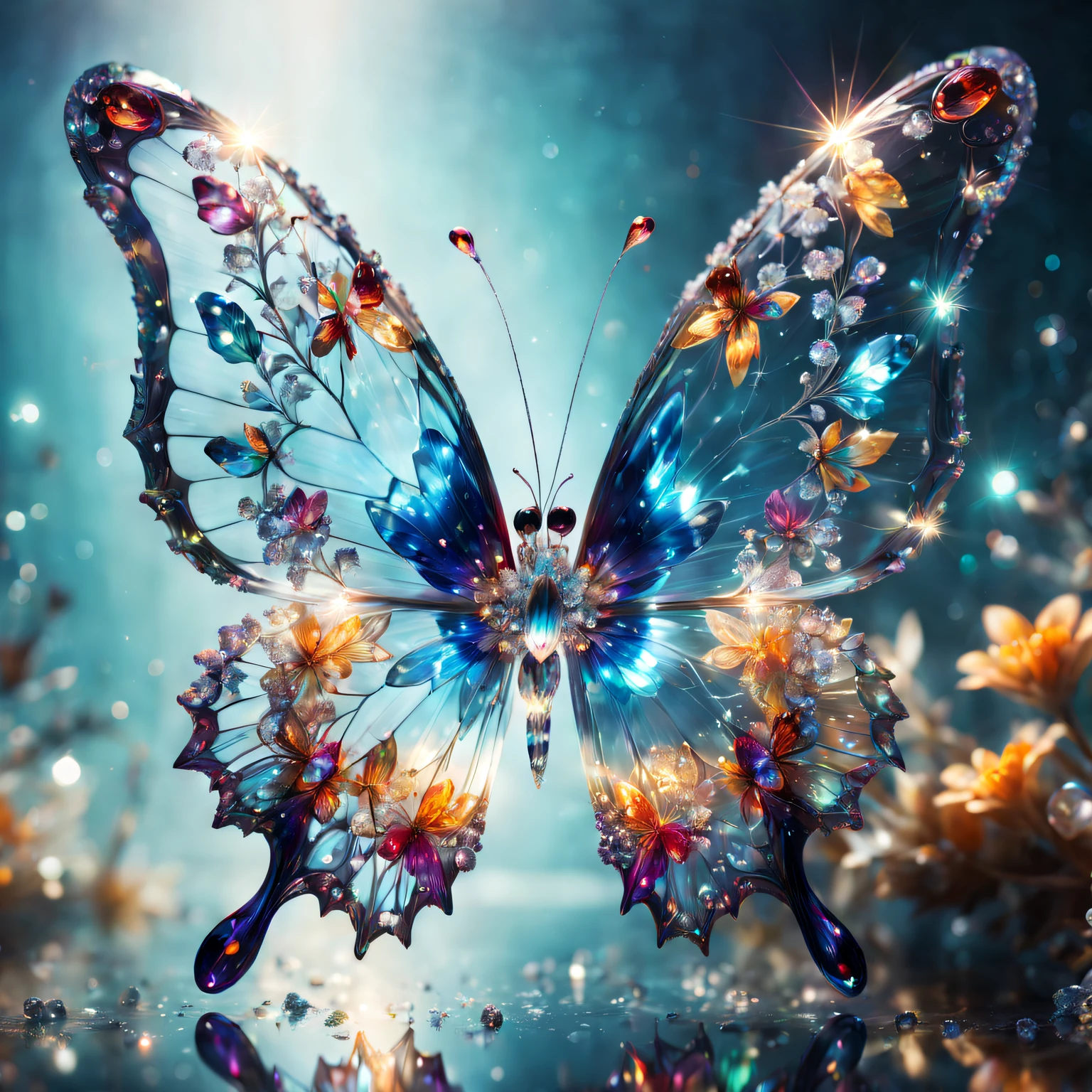 Crystal butterfly,butterflys,Beautiful wings, Transparent body, Sparkling crystals, Delicate tentacles, vivd colour, Surreal background, ethereallight, flashing reflection, Complicated details, mysterious atmosphere,Fantastical, galaxias, cleanness, Sparkling, Sparkling, splendor, Colorful, amazing cinematography, dramatic lights, photo-realism, ultra - detailed, 4K, depth of fields, A high resolution