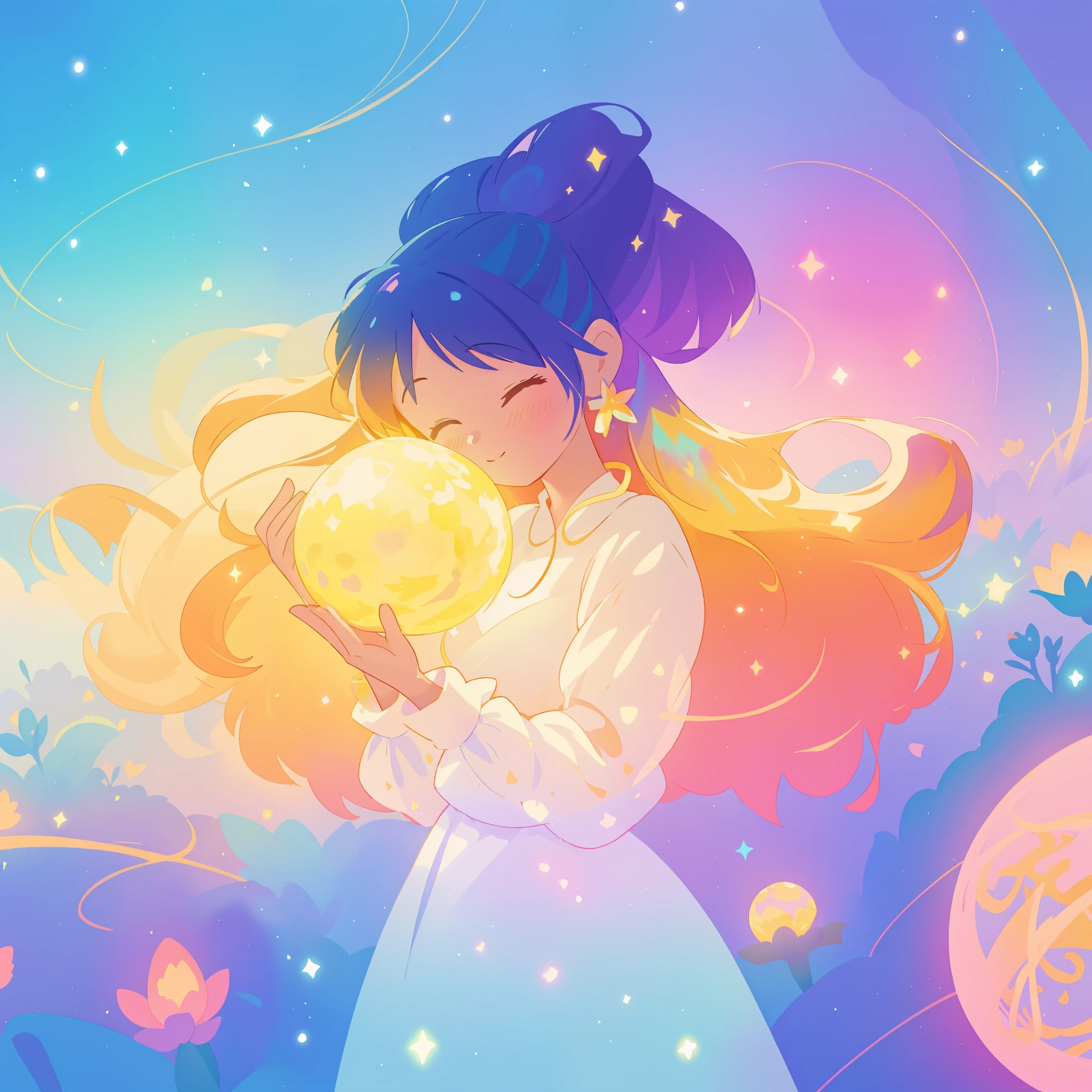 beautiful girl in sparkling white dress holding a glowing gold orb, glowing ballgown, long colorful hair, colorful fantasia background, watercolor illustration, disney art style, glowing aura around her, glowing lights, beautiful digital illustration, fantasia otherworldly landscape plants flowers, beautiful, masterpiece, best quality, anime disney style