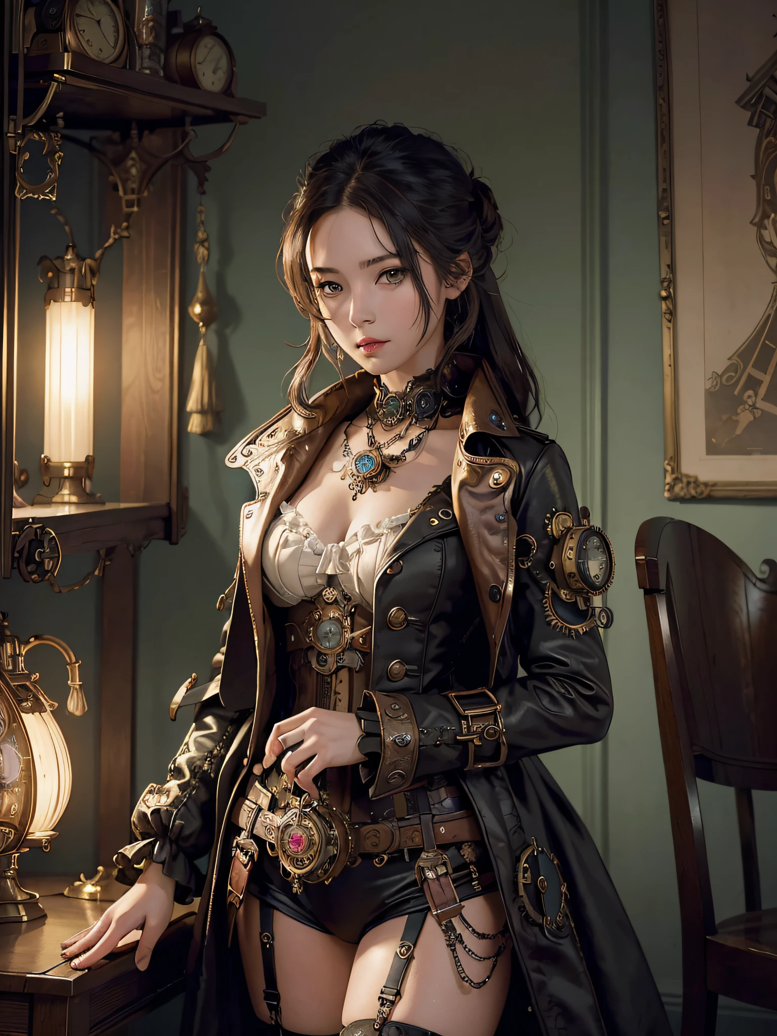 16K, RAW Photos, Highest quality, High resolution, Absurd), High resolutionRAWカラー写真, Professional photography, Paper Cut, (Layered silhouette:1.2), Complex patterns, Delicate craftsmanship, Shadow play, Depth and Dimension, Creative Expression, (Realistic, Photorealistic:1.37), (1 girl, Locomotive background), Toned Up, Cinematic Light, bloom, burn, (Detailed painted face:1.2), (masterpiece:1.5), ((Highest quality, 8k, Tabletop: 1.3)), sharp: 1.2, Perfect Body Beauty: 1.4, Slim Abs: 1.2, ((Layered Hairstyles, Very large breasts: 1.2)), (((steampunkの衣装を着て写真を撮る女性, steampunkな衣装を着て, steampunkファンタジー style, (steampunk), ( steampunk ), steampunkの美しい女神, steampunkな美しいリアルな女性, steampunk Girl, steampunk style, steampunkファンタジー, steampunk, steampunkな発明家の女の子, ゴールデンsteampunk, steampunkの世界を舞台にした, 鮮やかなsteampunkのコンセプト,Monochrome))), Highly detailed face and skin texture, Detailed eyes, double eyelid, Long brown hair, Hands Behind Back, ,Sitting on the examination table,Backwards ((Very long skirt)),((goggles,Wearing lace))