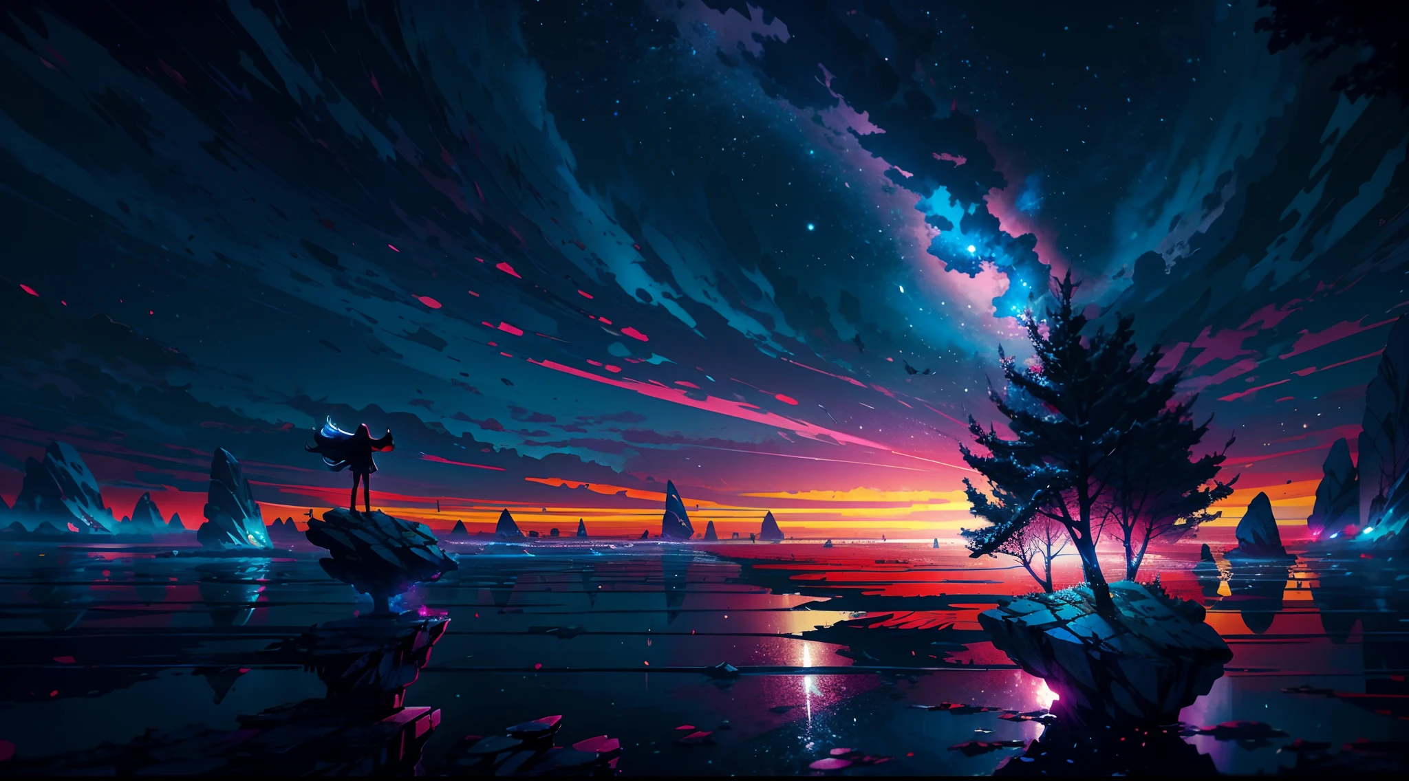 Anime girl standing on a rock looking at iridescent sky, makoto shinkai cyril rolando, anime art wallpaper 4k, anime art wallpaper 4k, Anime art wallpaper 8k, cosmic sky. by makoto shinkai, inspired by Cyril Rolando, in the style dan mumford artwork, amazing wallpapers, by Yuumei