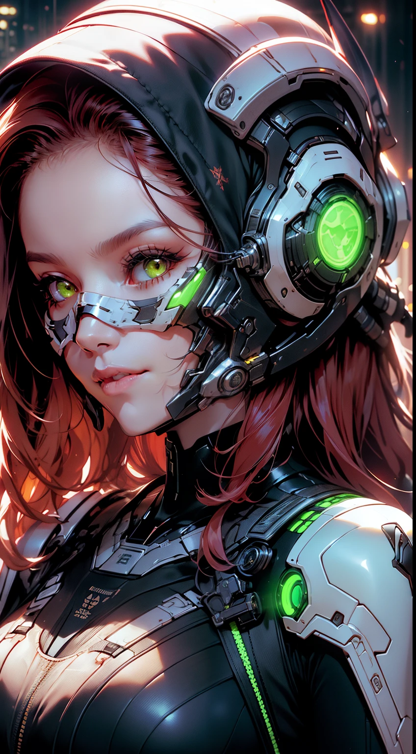 masterpiece, best quality, beautiful detailed hair detailed face, perfect feminine face, (happy:1.2), cyberskull mask, (close-up potrait:1.2), face focus, a beautiful and cute warframe woman and glowing red hair, red neon lighting, (sci-fi cyberpunk bodysuit), (heavy armor), armlet, big armlet, solo, 1girl, ahoge, side hair, very long hair, shiny skin, shiny foreheads, lens flare, sharp focus, volumetric lighting, trending on artstation, pixiv, by sakimichan, george kamitani, akira yasuda, alphonse mucha, greg rutkowski, gil elvgren, william-adolphe bouguereau