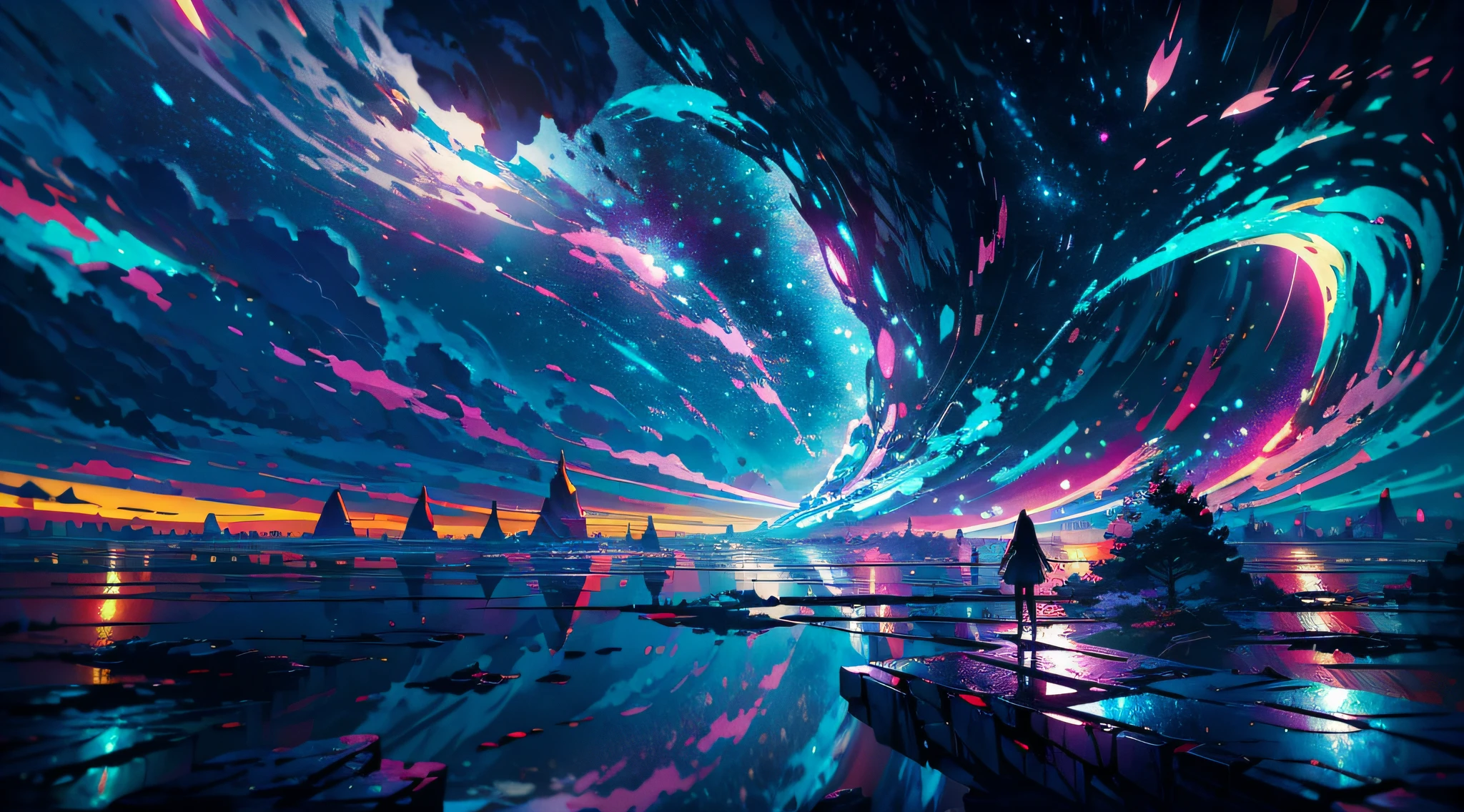 Anime girl standing on a rock looking at iridescent sky, makoto shinkai cyril rolando, anime art wallpaper 4k, anime art wallpaper 4k, Anime art wallpaper 8k, cosmic sky. by makoto shinkai, inspired by Cyril Rolando, in the style dan mumford artwork, amazing wallpapers, by Yuumei