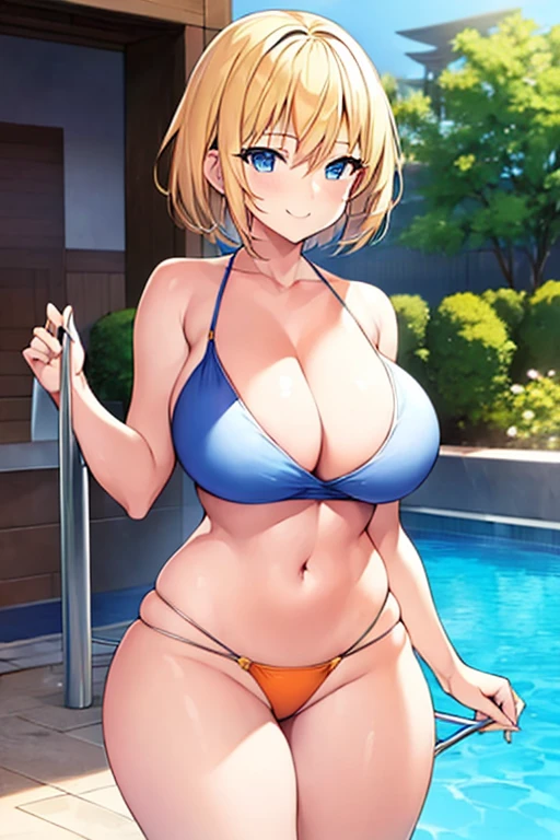 1girl, very short hair, blonde hair, blue eyes, orange bikini, huge breasts, thick thighs, wide hips, pool, smile, light smile, 2d, anime style, anime screencap, shirt lift, clothes lift, white shirt, lifted by self