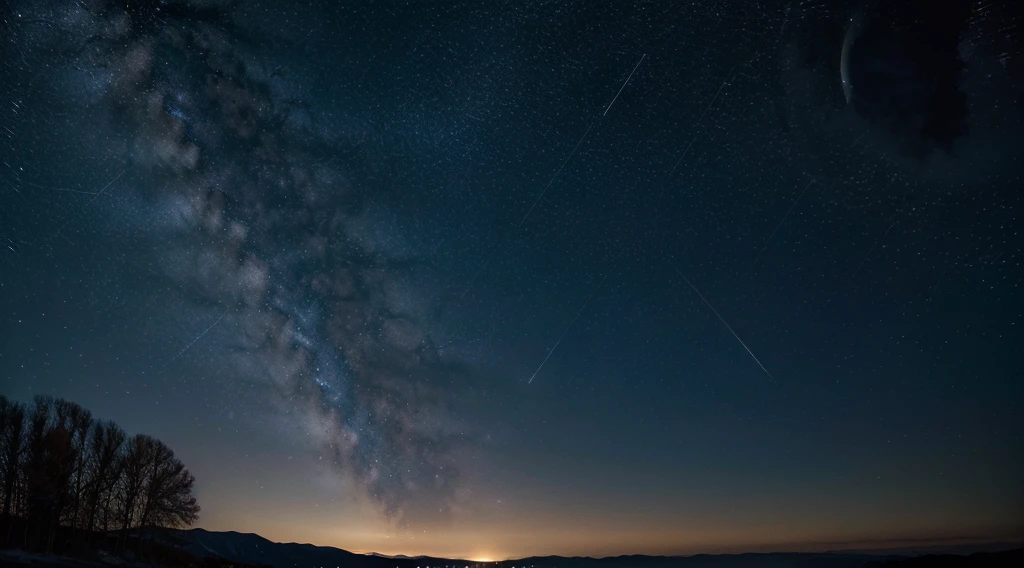 Create an image of a starry night sky. Imagine a clear night sky, with thousands of twinkling stars spread like a blanket above you. The air is fresh and crisp, and you can almost feel the vastness of space above you. Maybe there's a crescent moon in the sky, casting a soft glow over the landscape. Descreva os detalhes da cena, including star brightness and patterns, the color of the sky, and any other celestial objects that make this night sky truly stunning, 4k, highes definition, altamente detalhado