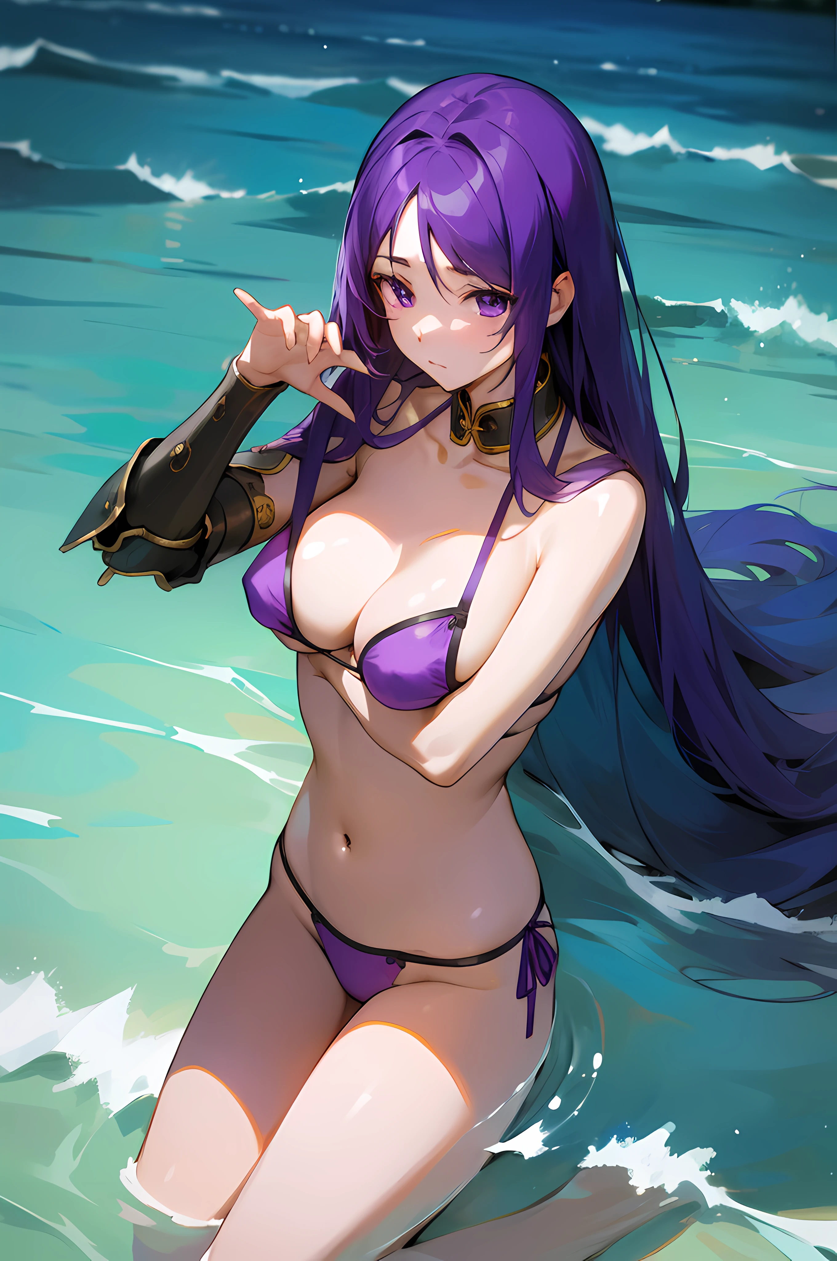 Fergolekou, Lai Guang, long whitr hair, Parted bangs, (a purple eye:1.1), Purple colored hair,
rest arm brace, armour, obi strip, 比基尼, Collar, 鎖骨, navel, purple Bikini, stomach, swim wears, upper legs,
BREAK outdoors, sea beach,
BREAK looking at viewer,
BREAK BREAK BREAK (tmasterpiece:1.2), Best quality at best, A high resolution, Unity8k wallpapers, (illustratio:0.8), (美丽细致的眼睛:1.6), Extremely detailed face, perfect litthing, extremely detremely detailed CG, (Perfect hands, perfect anatomia),