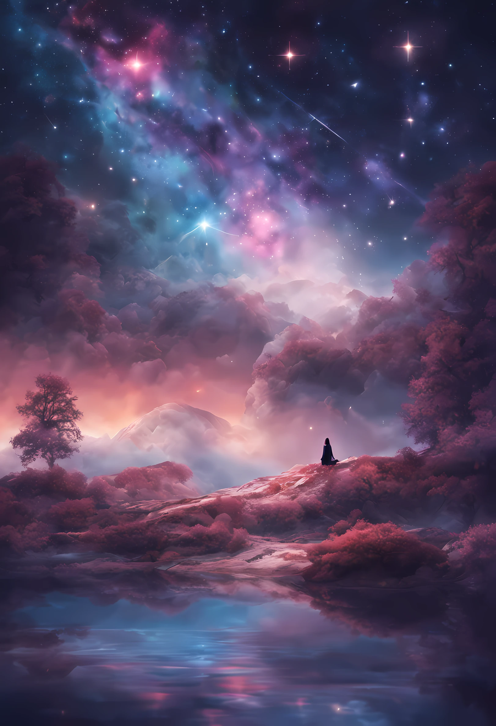 A woman dreaming in a beautiful galaxy,Soft and surreal colors,(Best quality at best,4K,A high resolution:1.2),ultra - detailed,Impressionistic style,A night sky full of stars,Fantastical Atmosphere,Gentle moonshine,Cosmic mode,tranquil ambiance,subtle shift,sublime beauty,Fantastic environment,quiet tranquility,Sleep peacefully in her comfortable bed,Tranquil and otherworldly scenery,sublime celestial background,Quiet and ethereal,subconscious journey,cosmic inspiration,Vibrant and attractive colors,Fantastic abstraction,Magical and mesmerizing vision,deep sense of wonder and awe,Lucid Dreaming,Galaxy Dreamland,A relaxing and introspective experience,glowing stars sparkling,happy state of mind,soothing and calming environment,cosmic whispers,enigmaticandcaptivating,Just drifting away.