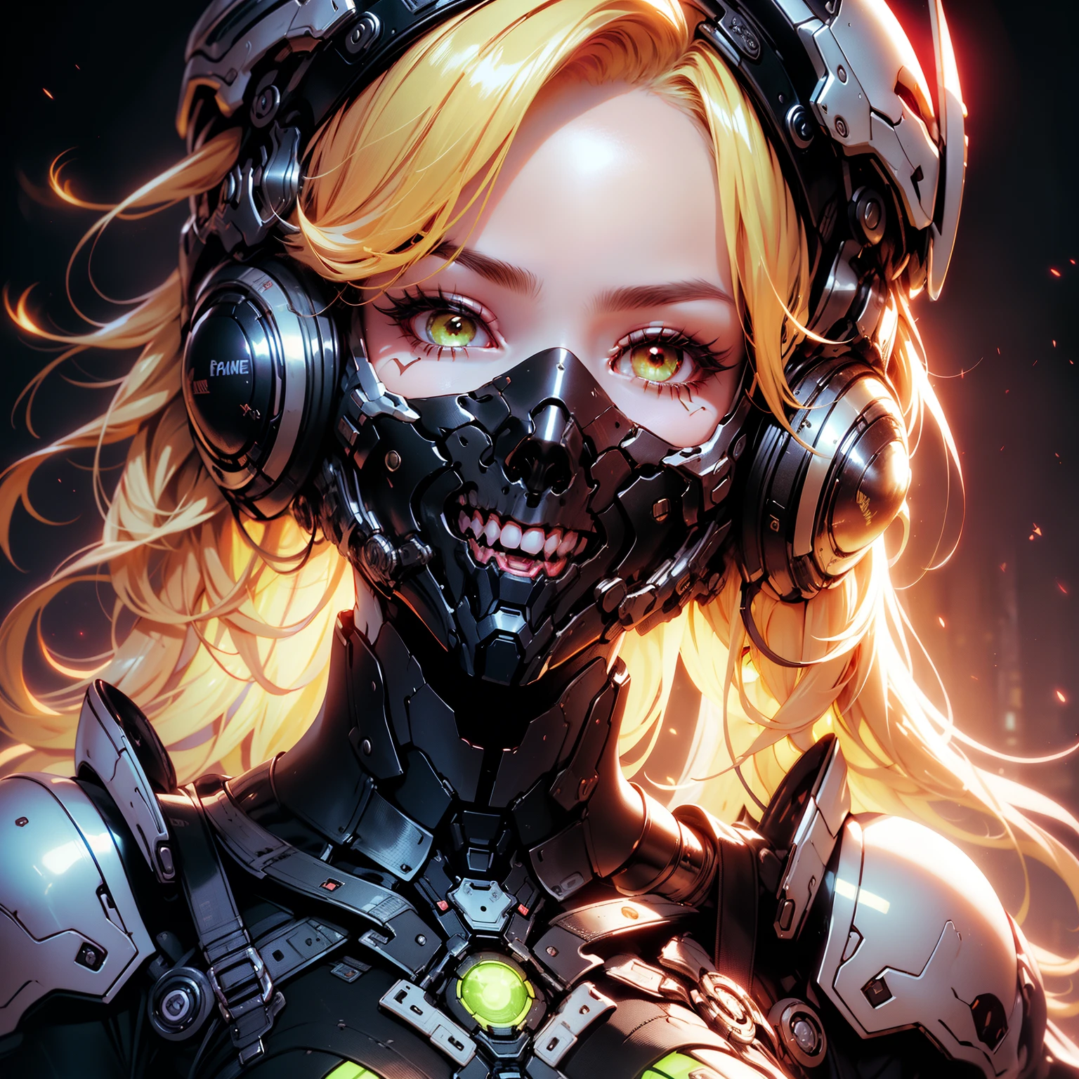 masterpiece, best quality, beautiful detailed hair detailed face, perfect feminine face, (happy:1.2), cyberskull mask, (close-up potrait:1.2), face focus, a beautiful and cute warframe woman and glowing red hair, red neon lighting, (sci-fi cyberpunk bodysuit), (heavy armor), armlet, big armlet, solo, 1girl, ahoge, side hair, very long hair, shiny skin, shiny foreheads, lens flare, sharp focus, volumetric lighting, trending on artstation, pixiv, by sakimichan, george kamitani, akira yasuda, alphonse mucha, greg rutkowski, gil elvgren, william-adolphe bouguereau