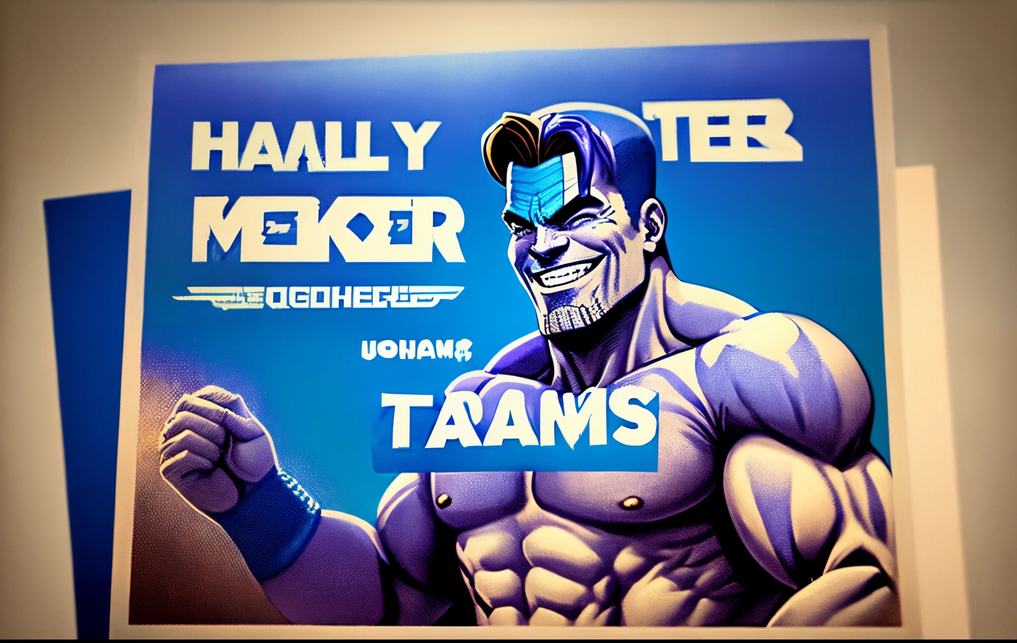 Text above saying "Team Blue!" With a picture of half naked Thanos from avengers smiling. Everything itls blue.