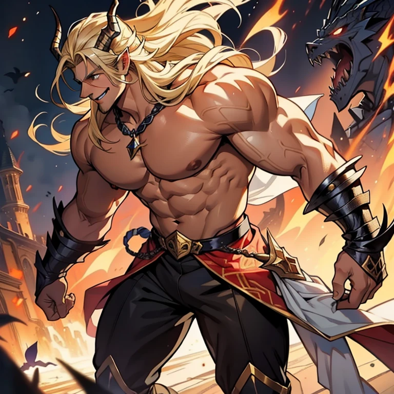 knight Man. Dark and Blonde Hair. Very Long Hair. Beautiful Hair. Tan. Draconic. Himbo. Prince. Horns. Scales. Smiling. Light magic. Holding a spear