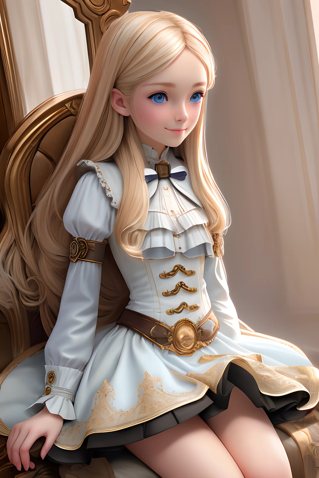 close up 1girl in, ager, Solo, Aesthetic artwork, blond, straight blonde hair, super long blonde hair, light blue eyes, some small freckles, pale skin, A-cup, small breasts, runners body, (thin hips, thin waist: 1.25), detailed skin, shy smile, wearing a steampunk dress, portrait, 50mm, 4k textures, soft cinematic light, RAW intricate, elegant, highly detailed, sharp focus, ((((cinematic look)))), soothing tones, insane details, intricate details, hyperdetailed, low contrast, soft cinematic light, dim colors, exposure blend, hdr, faded