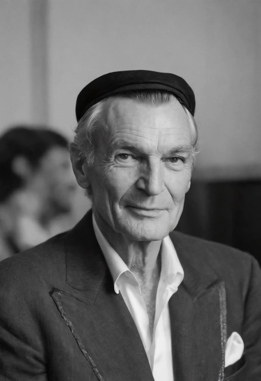 A photo of a chic and trendy boutique,original,Hugh Hefner, the founder of Playboy magazine, was known for his distinctive appearance: often clad in luxurious silk pajamas or a smoking jacket, paired with a sailor’s cap or a smoking pipe, projecting an image of casual opulence. He maintained a well-groomed look with his hair neatly combed back, and later in life, he was recognized by his mature, yet charming demeanor.