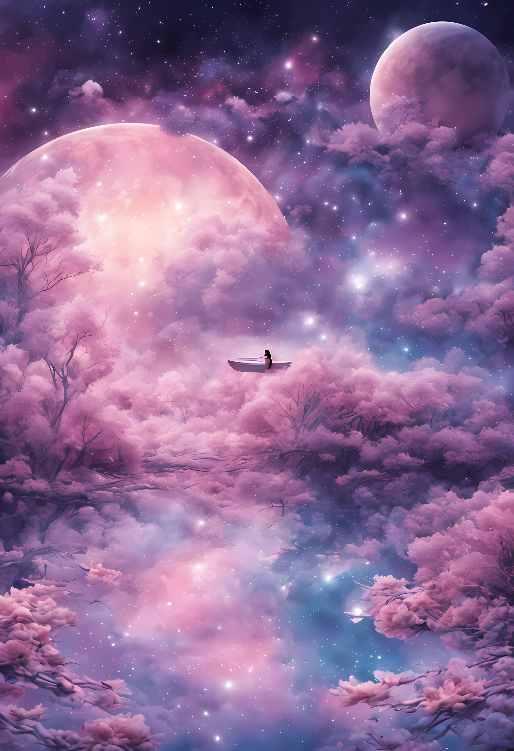 a woman dreaming in a beautiful galaxy,soft and surreal colors,(best quality,4k,high-res:1.2),ultra-detailed,impressionistic style,star-filled night sky,dreamy atmosphere,gentle moonlight,cosmic patterns,peaceful ambiance,subtle transitions,sublime beauty,dreamlike surroundings,quiet serenity,sleeping peacefully in her cozy bed,tranquil and otherworldly scenery,sublime celestial backdrop,serene and ethereal,subconscious journey,cosmic inspiration,vibrant and captivating colors,dreamlike abstraction,magical and mesmerizing vision,deep sense of wonder and awe,lucid dreams,galactic dreamscape,relaxing and introspective experience,luminous stars shining brightly,blissful state of mind,soothing and calming environment,whispers of the universe,mysterious and enchanting,just drifting away.