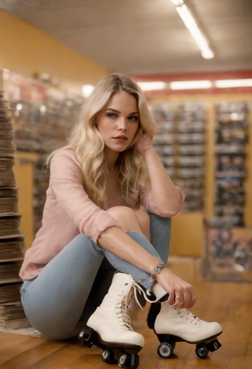 A photo of Rollergirl browsing through vintage records at a 70s record store,Boogie Nights,Appearance-wise, Rollergirl is iconic for her constant wearing of roller skates, which complements her youthful, somewhat naive aura, and she embodies the quintessential ’70s look with her long blonde hair, minimal clothing, and carefree style. Her signature look, including the skates, symbolizes her perpetual motion and the rollercoaster nature of the life she leads.