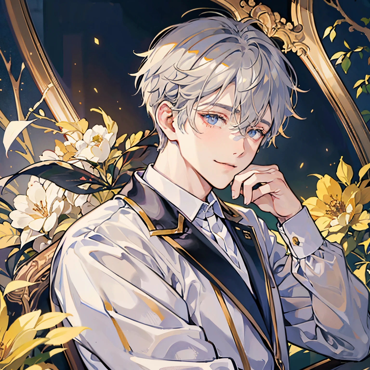 1 Short Platinum Gold Hair Men,grey pupils,shyly smile,Wrapped in love,Look down,Ultra Clear HD Half Body,Rich in detail,masutepiece。、Christmas、Asia Youth、One male prostitute
