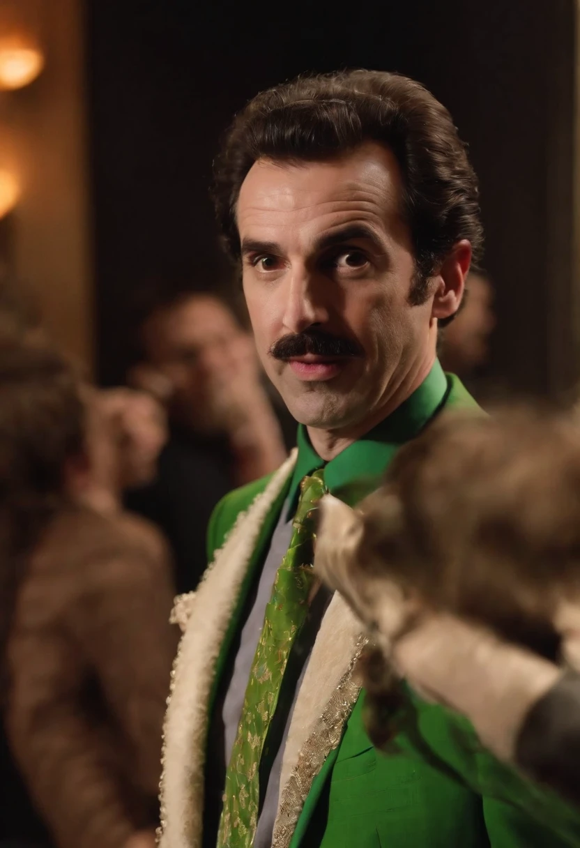 An image of Borat dressed as a stand-up comedian, performing on stage at a packed comedy club.,original,His appearance is marked by a distinctive mustache, a suit of gray or brown, and often a bright green thong swimsuit. He exhibits a strong Kazakhstani accent, and his humor derives from his outrageous statements and actions, which often satirize society’s stereotypes and cultural norms. Despite his outlandish persona, the character is meant to challenge viewers by exposing prejudices and hypocrisies in a comedic way.