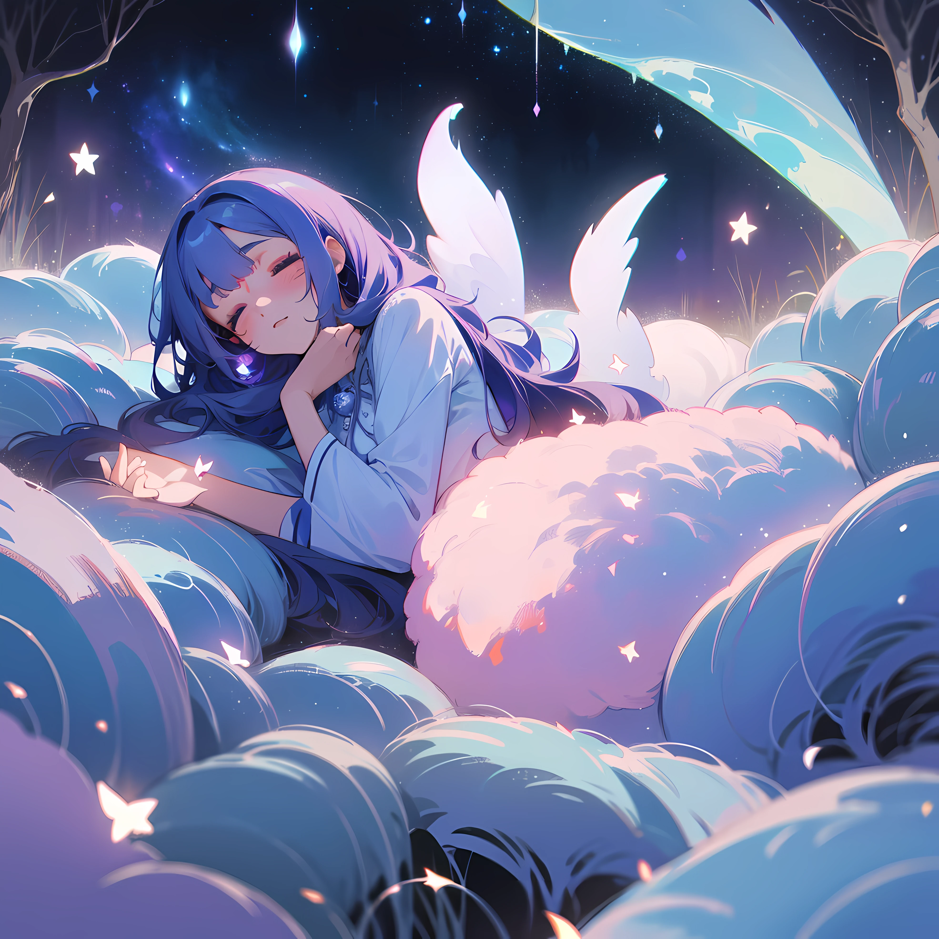 A girl dreaming while sleeping in a beautiful garden, with stars and galaxies surrounding her. (best quality, highres, ultra-detailed), dreamy atmosphere, glowing flowers, surreal colors, soft lighting, ethereal beauty, twinkling stars, mystical ambiance, delicate brush strokes, impressionistic style, magical scenery, peaceful and serene.