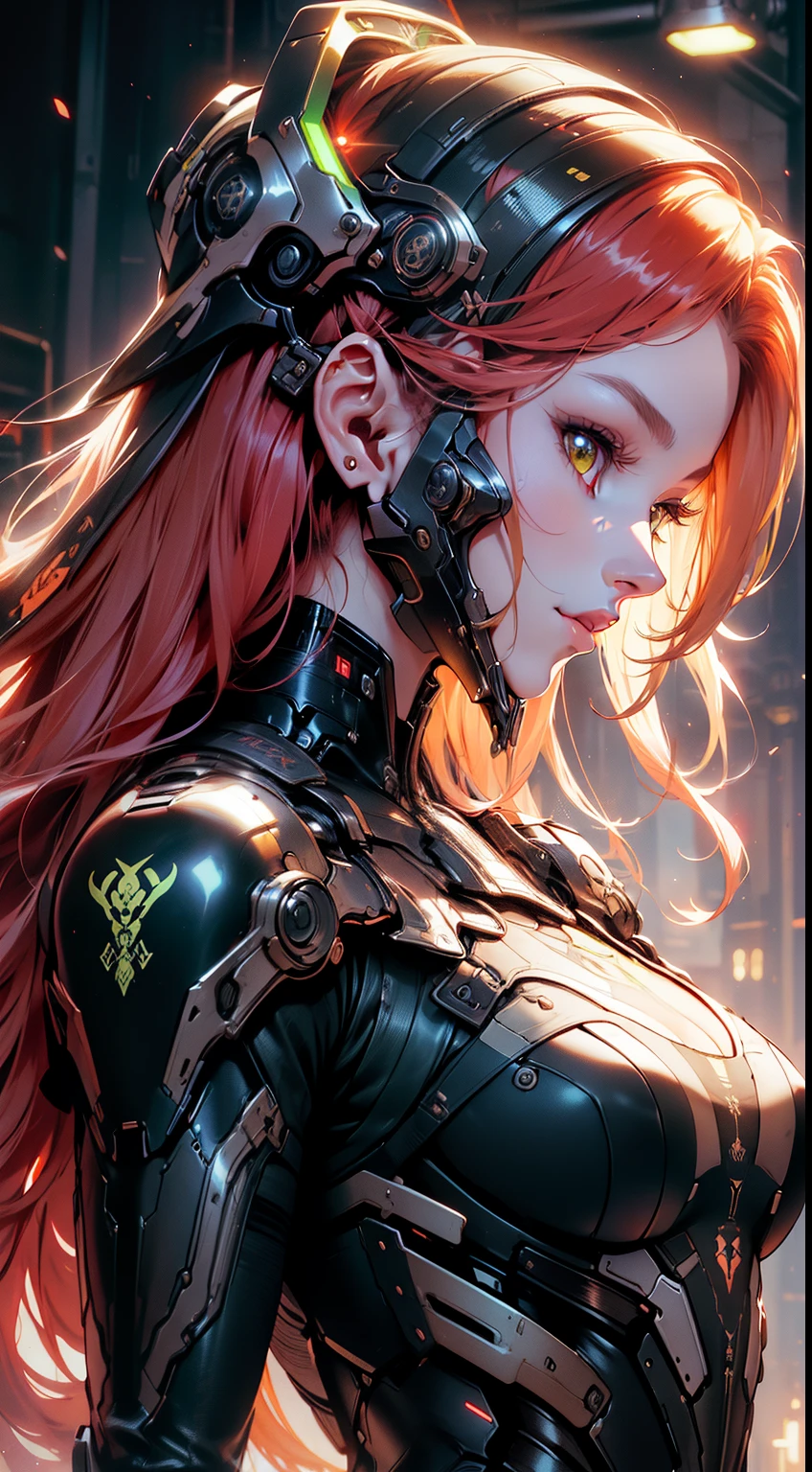 masterpiece, best quality, beautiful detailed hair detailed face, perfect feminine face, (happy:1.2), cyberskull mask, (close-up potrait:1.2), face focus, a beautiful and cute warframe woman and glowing red hair, red neon lighting, (sci-fi cyberpunk bodysuit), (heavy armor), armlet, big armlet, solo, 1girl, ahoge, side hair, very long hair, shiny skin, shiny foreheads, lens flare, sharp focus, volumetric lighting, trending on artstation, pixiv, by sakimichan, george kamitani, akira yasuda, alphonse mucha, greg rutkowski, gil elvgren, william-adolphe bouguereau