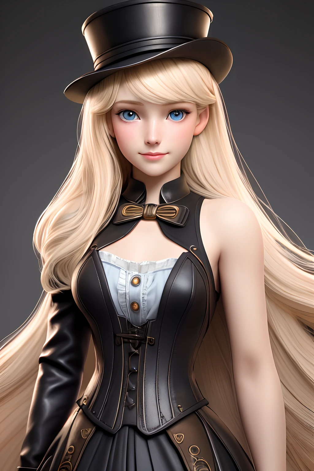 close up 1girl in, teenager, Solo, Aesthetic artwork, blond, straight blonde hair, super long blonde hair, light blue eyes,  some small freckles, pale skin, A-cup, small breasts, runners body, (thin hips, thin waist: 1.25), detailed skin, shy smile, wearing a steampunk dress, leather corset, top hat, portrait, 50mm, 4k textures, soft cinematic light, RAW intricate, elegant, highly detailed, sharp focus, ((((cinematic look)))), soothing tones, insane details, intricate details, hyperdetailed, low contrast, soft cinematic light, dim colors, exposure blend, hdr, faded