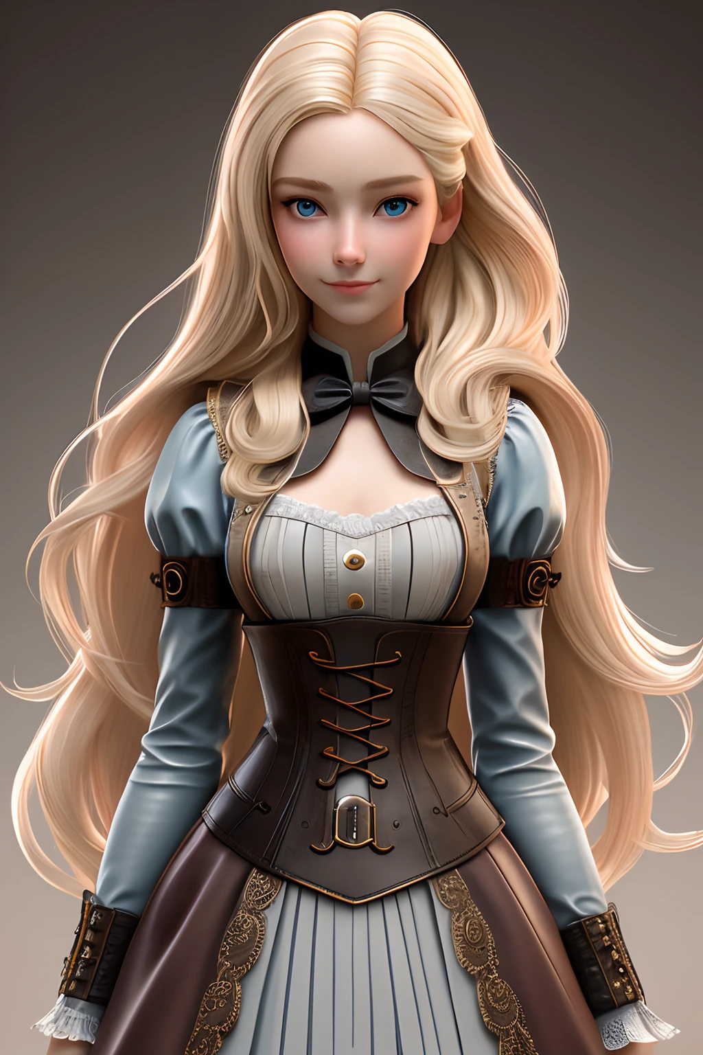 close up 1girl in, teenager, Solo, Aesthetic artwork, blond, straight blonde hair, super long blonde hair, light blue eyes,  some small freckles, pale skin, A-cup, small breasts, runners body, (thin hips, thin waist: 1.25), detailed skin, shy smile, wearing a steampunk dress, leather corset, top hat, portrait, 50mm, 4k textures, soft cinematic light, RAW intricate, elegant, highly detailed, sharp focus, ((((cinematic look)))), soothing tones, insane details, intricate details, hyperdetailed, low contrast, soft cinematic light, dim colors, exposure blend, hdr, faded