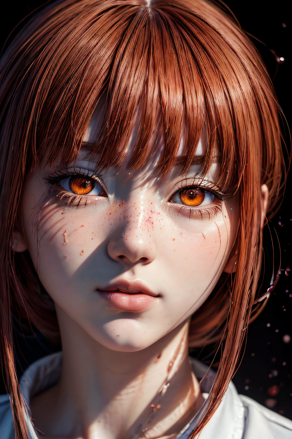 masterpiece, best quality, (extremely detailed CG unity 8k wallpaper, masterpiece, best quality, ultra-detailed, best shadow), (detailed background), (beautiful detailed face, beautiful detailed eyes), High contrast, (best illumination, an extremely delicate and beautiful),1girl,((colourful paint splashes on transparent background, dulux,)), ((caustic)), dynamic angle,beautiful detailed glow,full body, blood splash on face. close up of a woman, anime girl with red hair and a white shirt and tie, a character portrait by Yang J, pixiv, shin hanga, portrait of an anime girl, female anime character, portrait anime girl, portrait of asuka langley soryu, beautiful anime portrait, detailed portrait of anime girl, anime character, realistic anime artstyle, anime girl portrait, anime character portrait, blood on face.