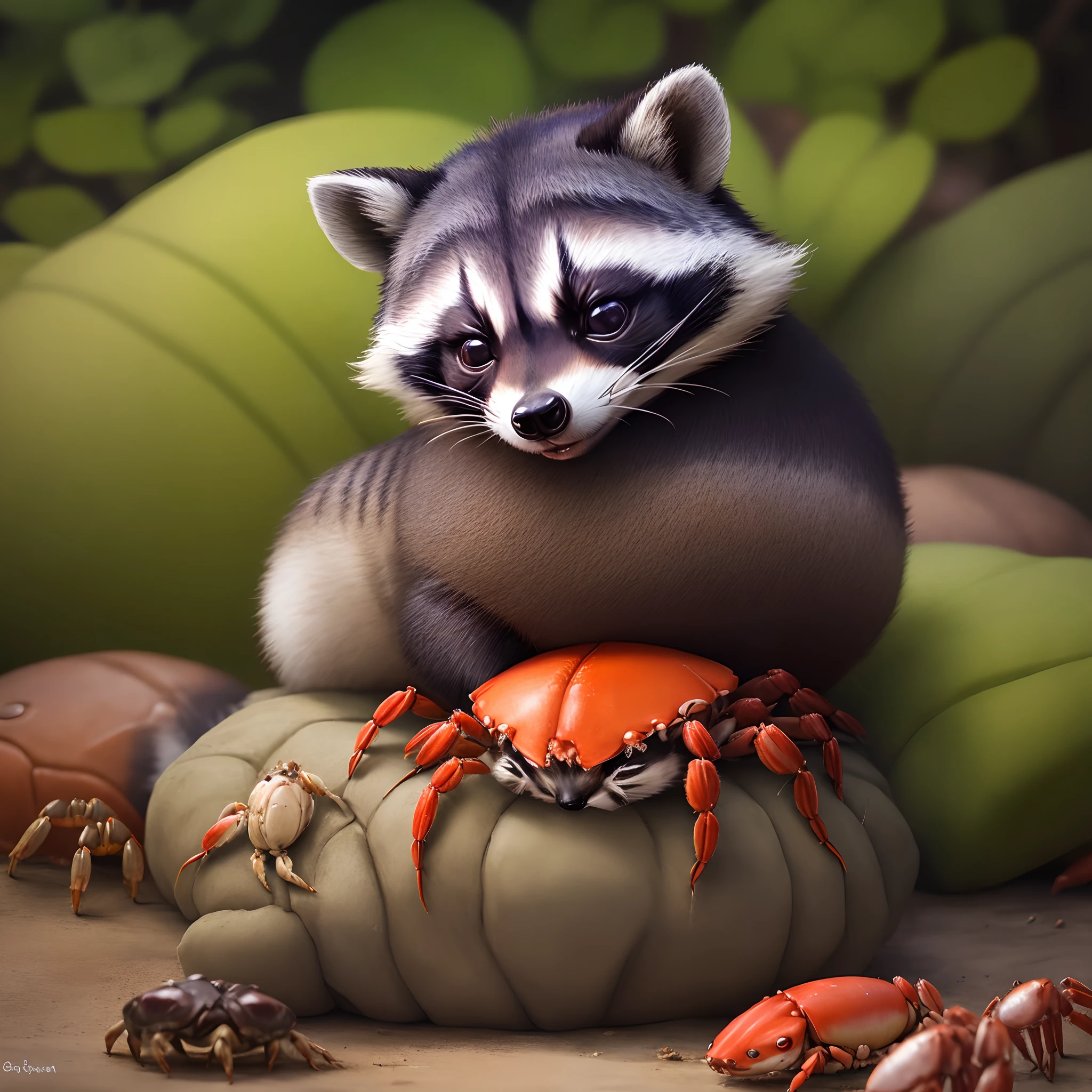 Raccoon cuddling a crab