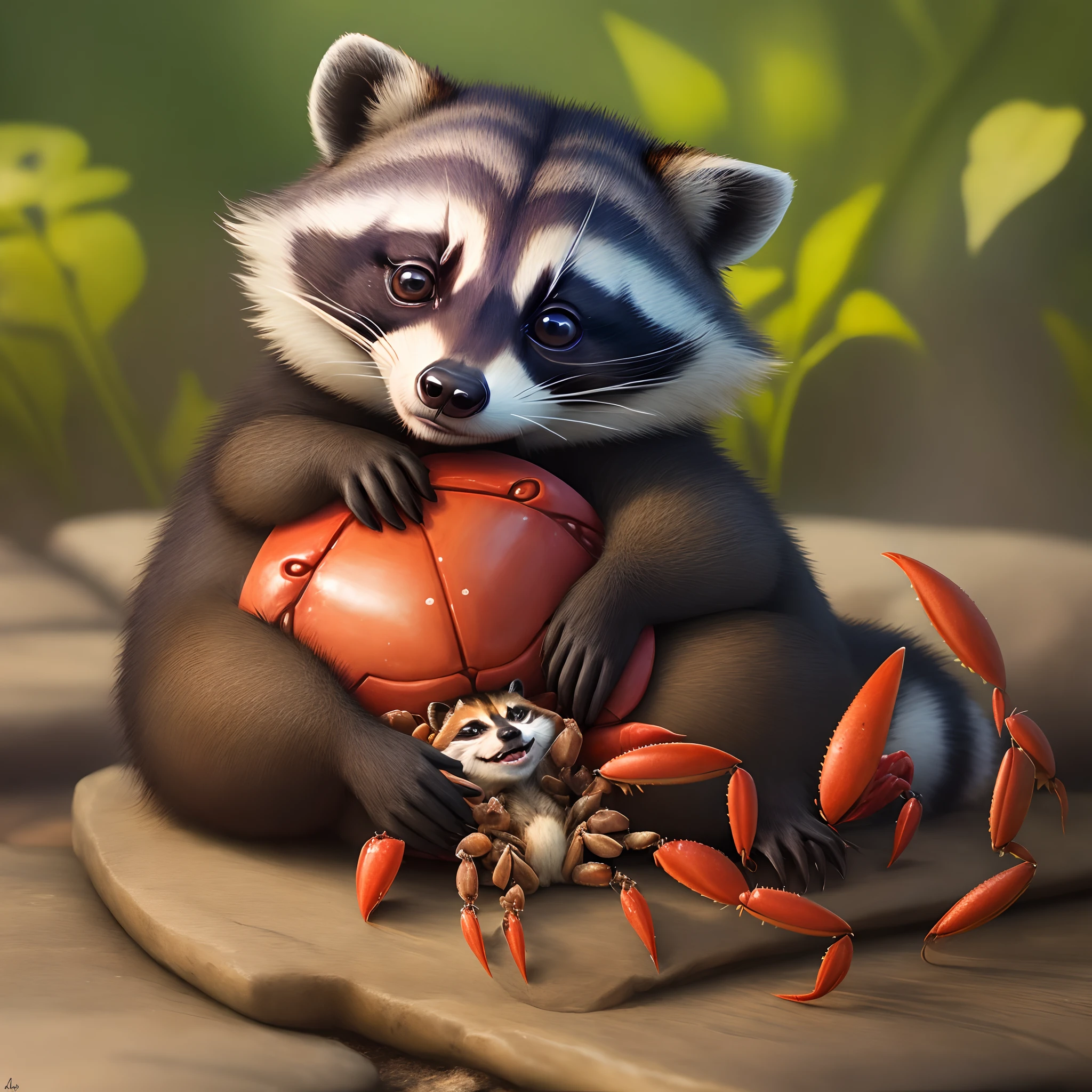 Raccoon cuddling a crab