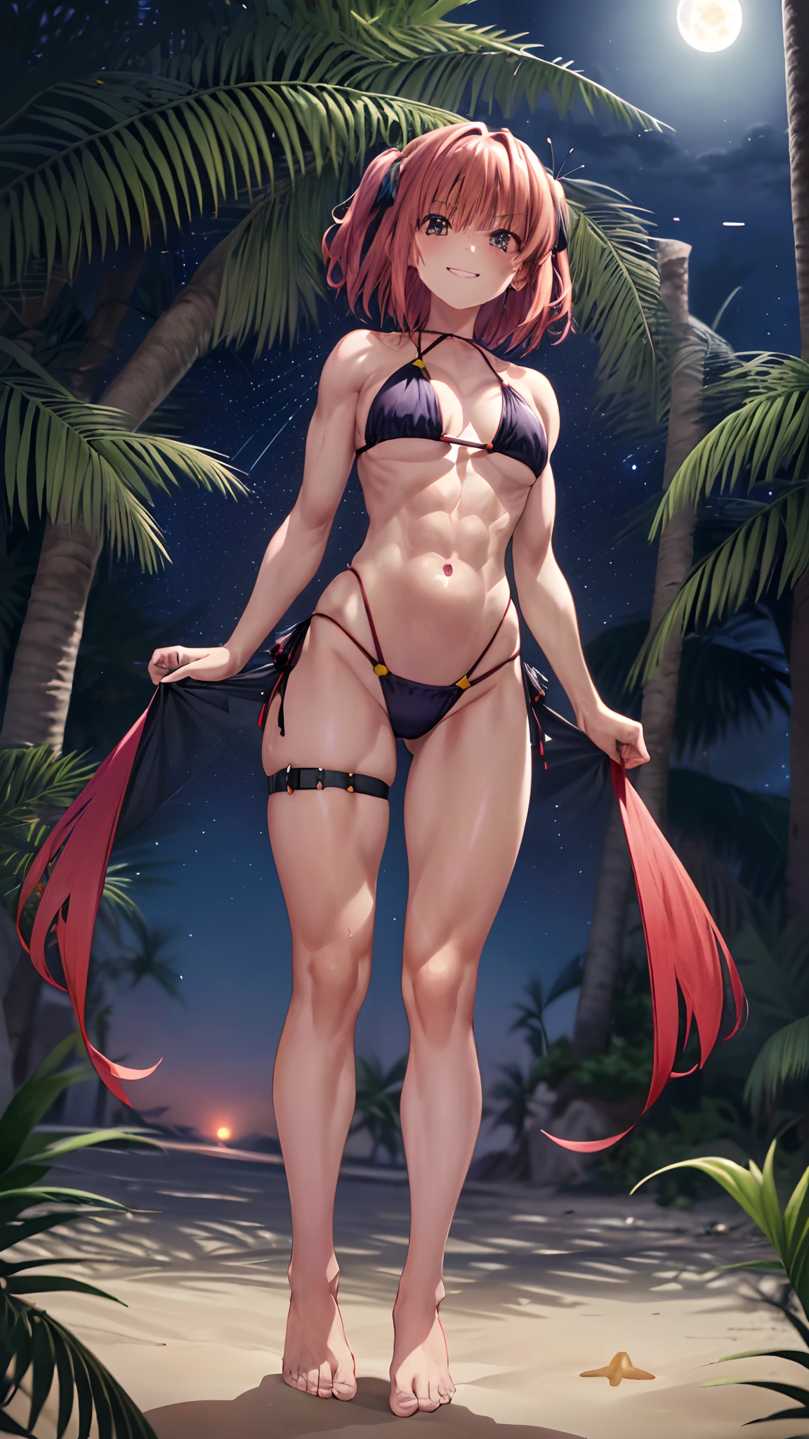 (((Nino Nakano)))、Pink and short shoulder length hair, reddish orange hair,、butterfly hair ornament, (dark blue eyes, )、Huge ceiling、(very short black bikini)、(red blush: 1 )、(((is standing)))、earring、a smile、(Sexy), muscular legs, muscular belly, barefoot, (he is showing his big ass to me), (full body photo), (((na beach at night with stars in the sky and full moon))), glowing eyes, eye reflection, evil smile, bad mood, anime, anime style, ray tracing, glare, bright light, drop shadow, panorama, Sony FE, UHD , masterpiece, accurate, anatomically correct, textured skin, super detail, high resolution, HD, 16k