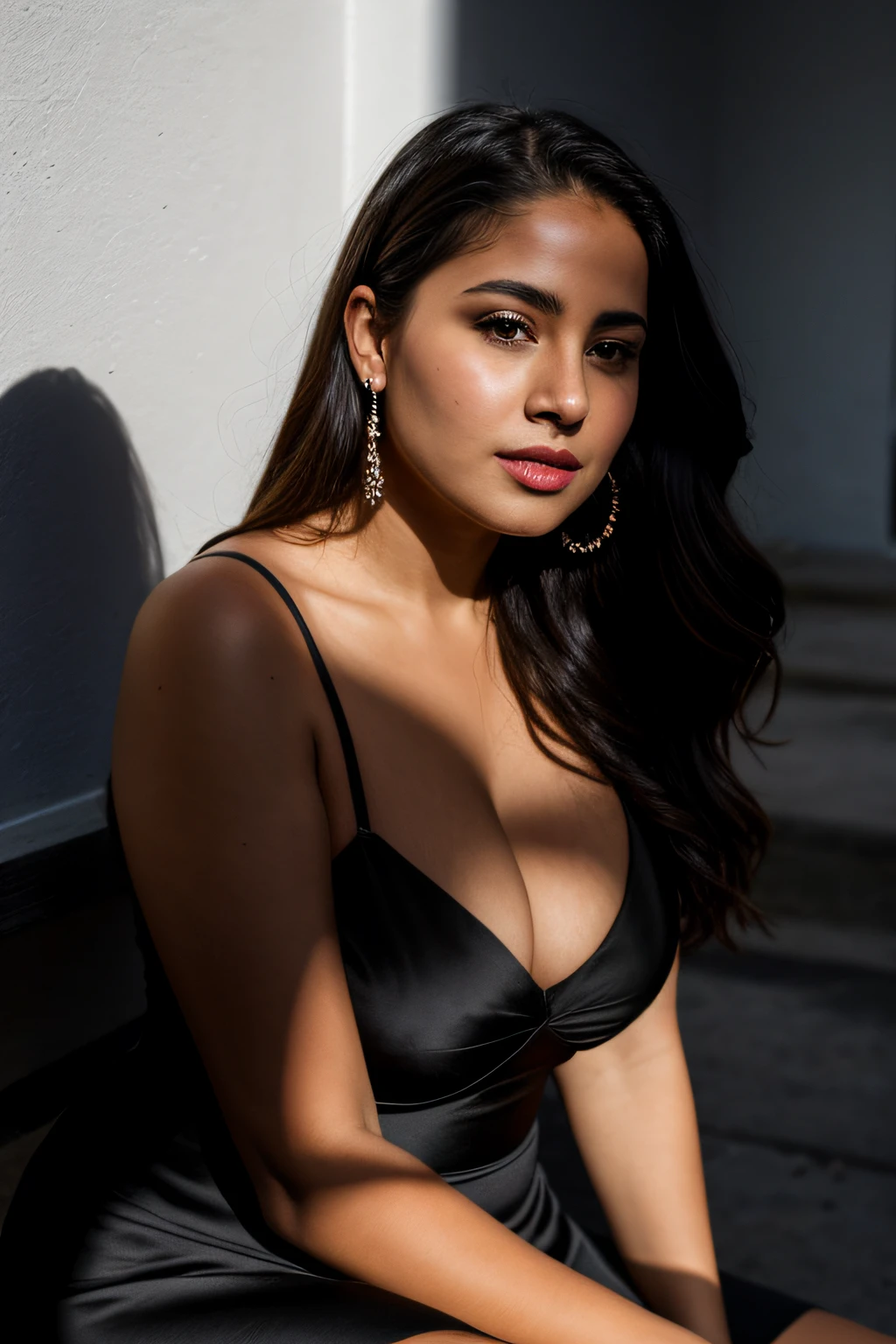 RAW photo, face portrait photo of beautiful pear shape woman, seductive face, wearing black dress, hard shadows, cinematic shot, latina sexy